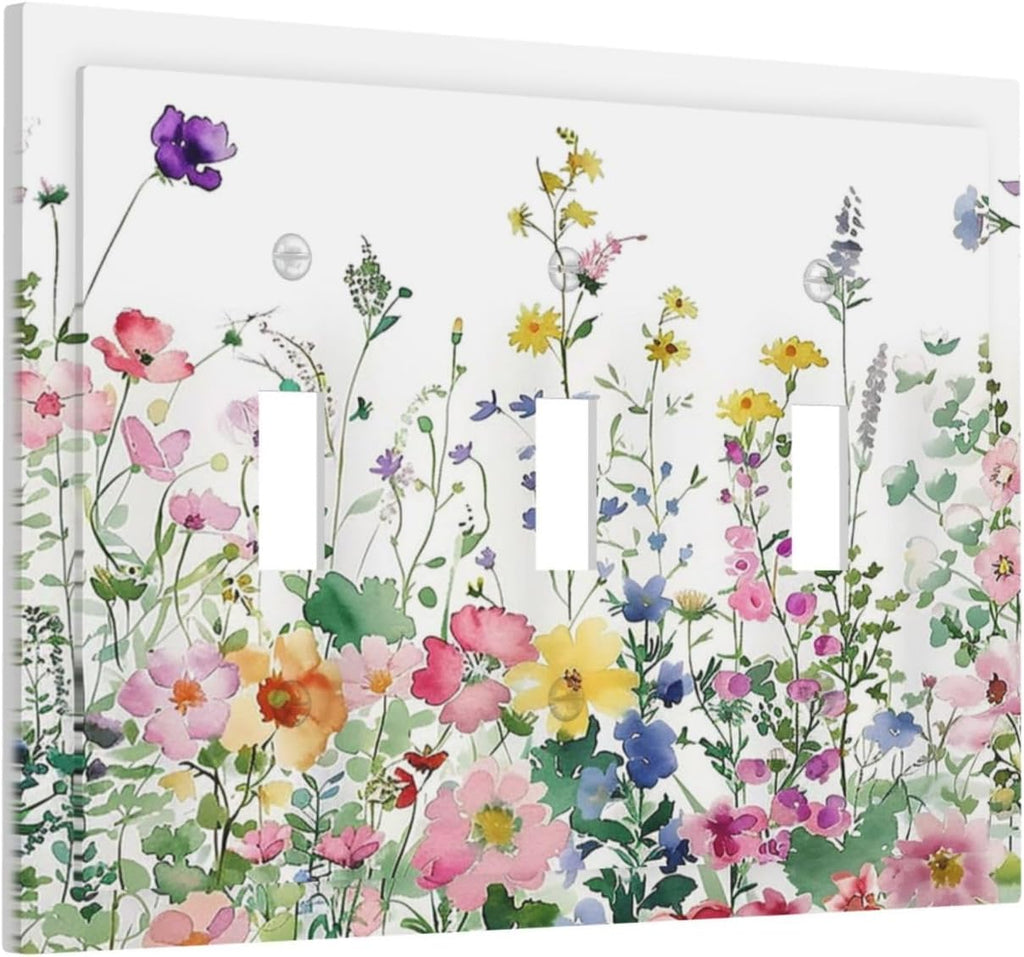 Decorative Switch Plates Boho Colorful Flowers Plant Rustic Wildflower 3 Gang Wall Plate Triple Toggle Light Switch Cover Faceplate Electrical Wall Panels for Bed Room Bathroom Decor