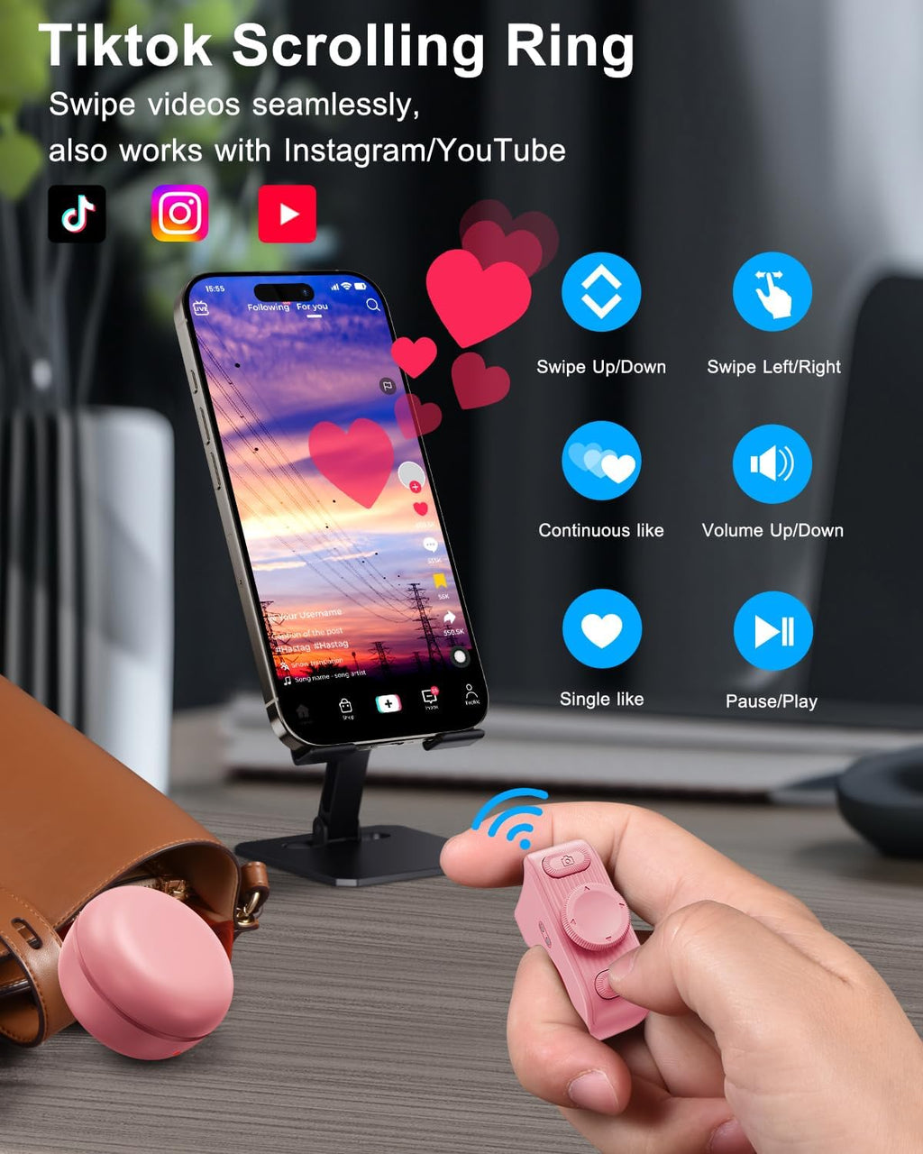 TikTok Scrolling Ring Remote Control, Camera Shutter Remote, Wireless Bluetooth Scrolling Ring for iPhone, iPad, iOS, Android - Pink