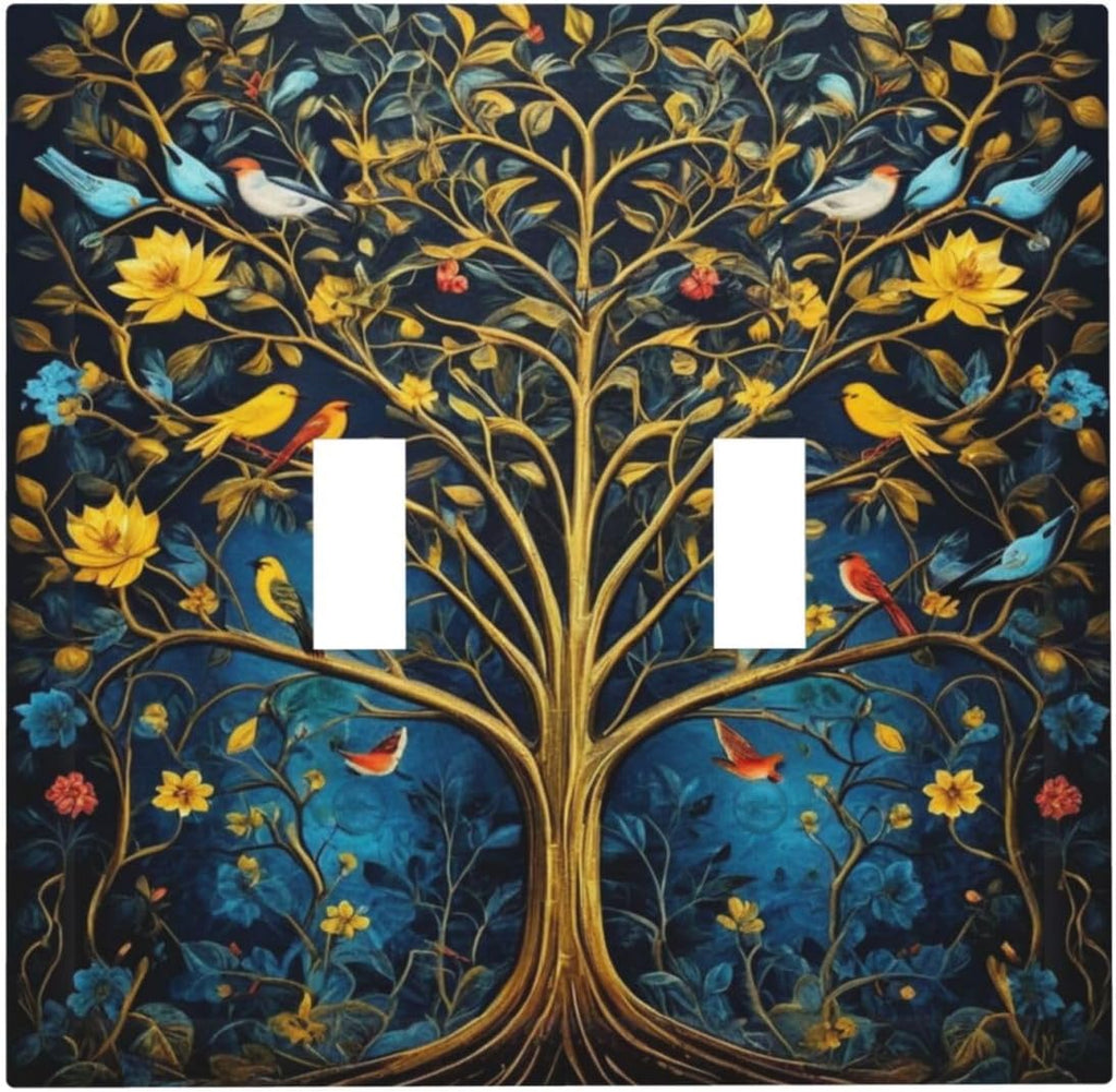 Gold Tree With Birds Flowers on Branches Light Switch Covers Double Toggle 2 Gang Wall Plate Dual Decorative Switchplate Electrical Faceplate for Farmhouse Decor