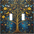 Gold Tree With Birds Flowers on Branches Light Switch Covers Double Toggle 2 Gang Wall Plate Dual Decorative Switchplate Electrical Faceplate for Farmhouse Decor