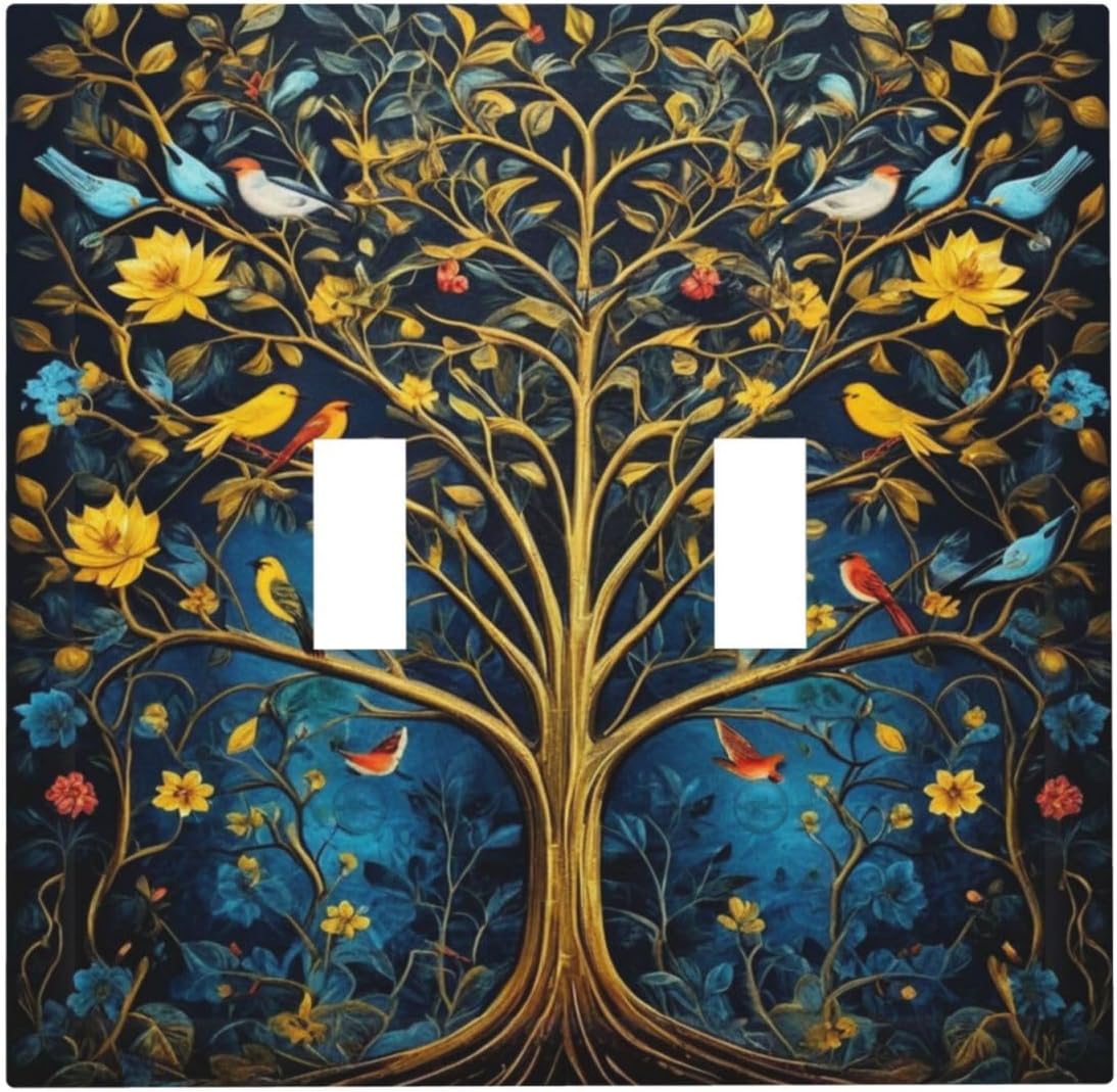 Gold Tree With Birds Flowers on Branches Light Switch Covers Double Toggle 2 Gang Wall Plate Dual Decorative Switchplate Electrical Faceplate for Farmhouse Decor