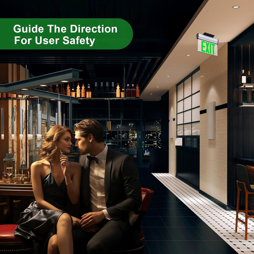 Led Edge-Lit Exit Sign ,Brushed Aluminum Housing Single-Sided Clear Rotating Acrylic Panel,Hardwired Emergency Exit Signs with Battery Backup, 120V-347VAC,Green Led Emergency Exit Light for Business , UL Listed,Top/Side/Wall Mount(1 Pack)