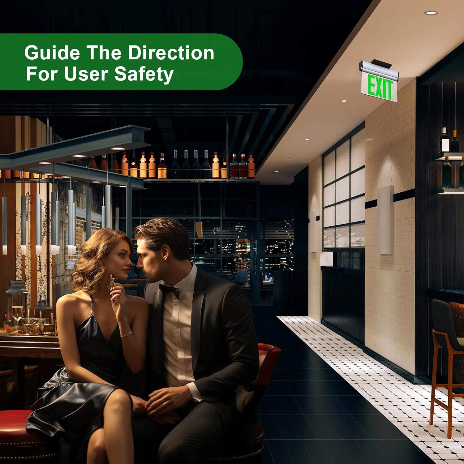 Led Edge-Lit Exit Sign ,Brushed Aluminum Housing Single-Sided Clear Rotating Acrylic Panel,Hardwired Emergency Exit Signs with Battery Backup, 120V-347VAC,Green Led Emergency Exit Light for Business , UL Listed,Top/Side/Wall Mount(1 Pack)