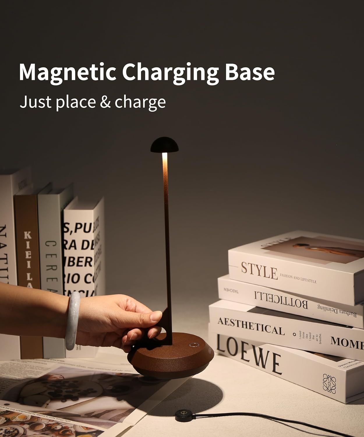 Cordless Table Lamp - LUME, Geometric Aesthetics, Magnetic Charging, Dimmable & Adjustable Lighting, IP65- Portable Rechargeable LED Lamp for HoReCa, Bedroom, Living Room, Outdoor Use (Corten)