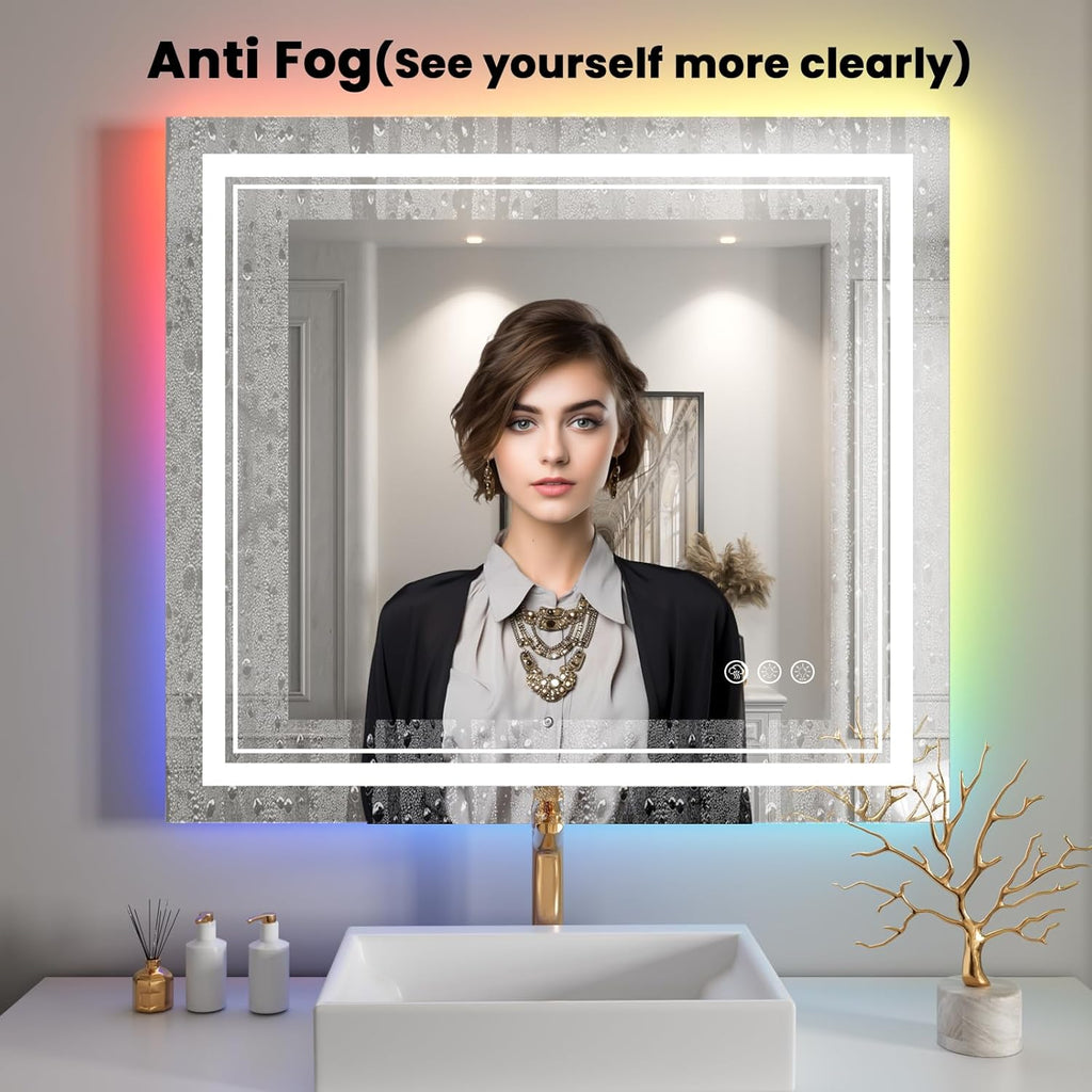 40x38 inch LED Bathroom Mirror with RGB Lights Color Changing Backlit Mirror Shatterproof Dimmable Anti-Fog Lighted Vanity Mirror (RGB Multicolor Backlit + Adjustable Front-Lighted)