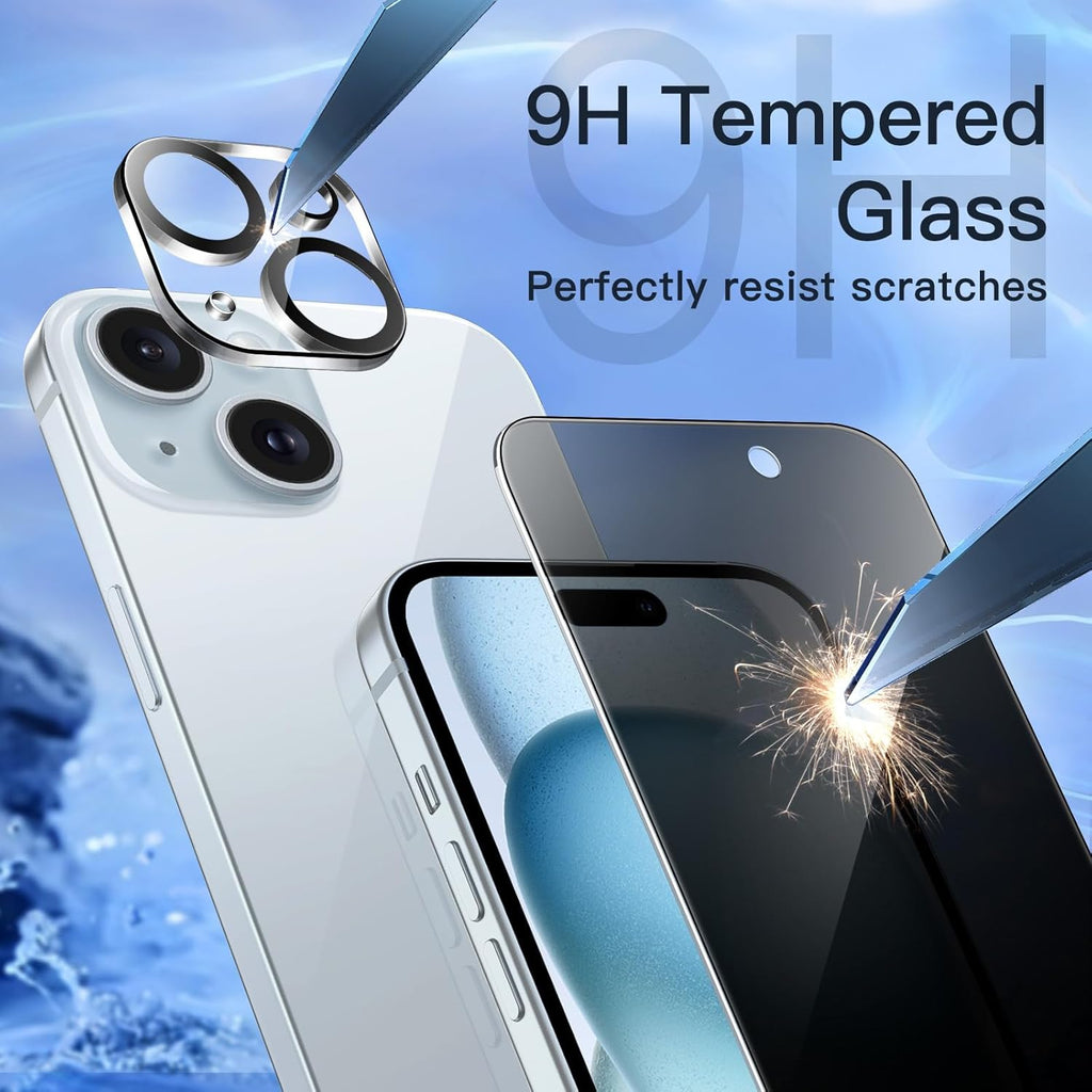JETech Privacy Screen Protector for iPhone 15 Plus 6.7-Inch with Camera Lens Protector, Anti-Spy Tempered Glass Film, Easy Installation Tool, 2-Pack Each
