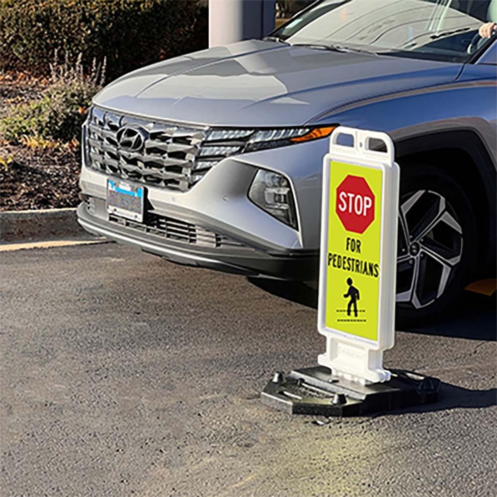 Plasticade Crosscade Crosswalk Sign, 24" Vertical Panel with 12x24 Stop For Pedestrians Sign, Impact-Resistant Rubber Base, Diamond Grade Reflective Background and HIP Sheeting