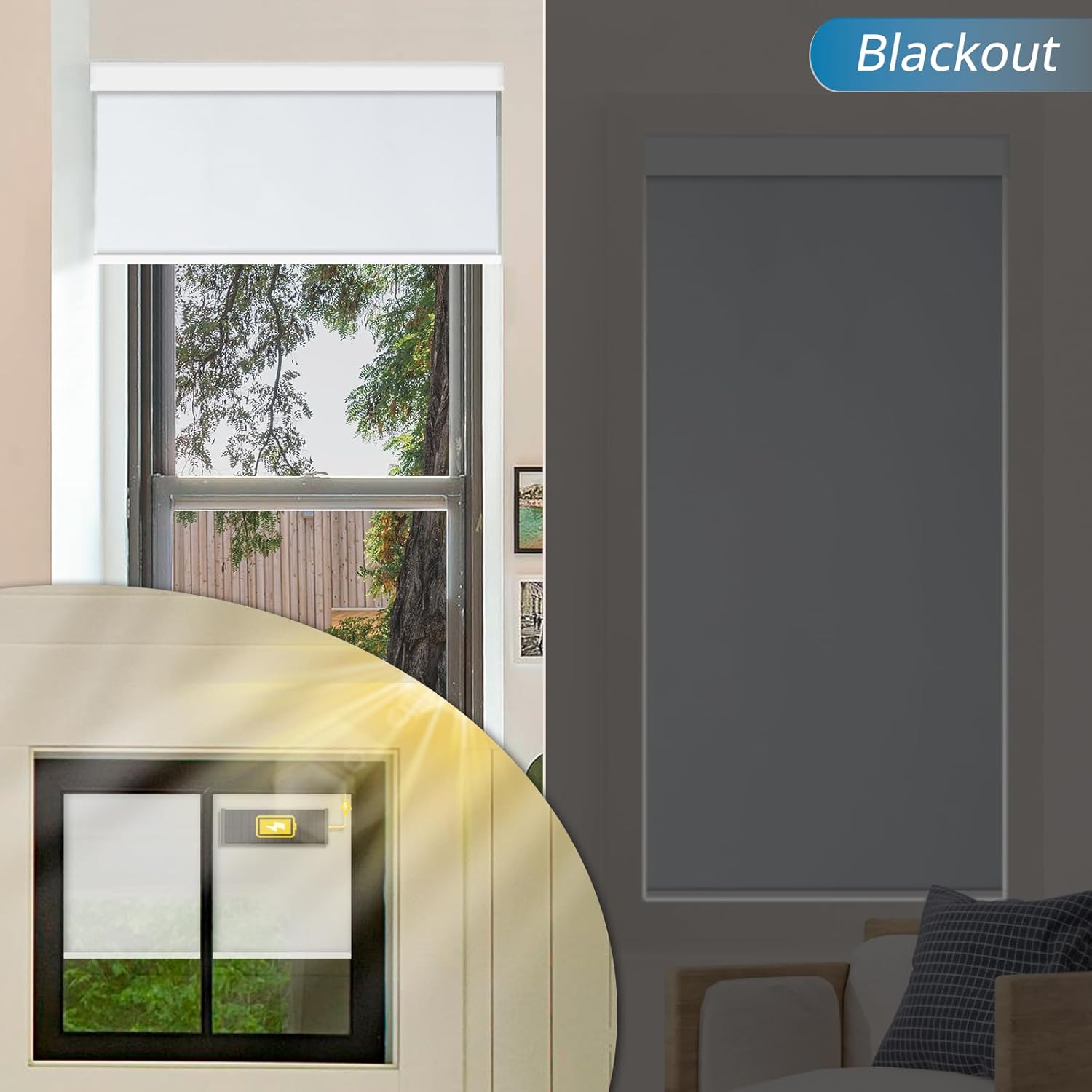 DENFOON Motorized Blinds with Remote Control, Custom Blackout Smart Blinds [with Cover],Electric Blinds with Complimentary Solar Panel, Cordless Automatic Roller Shades for Windows,White,Custom