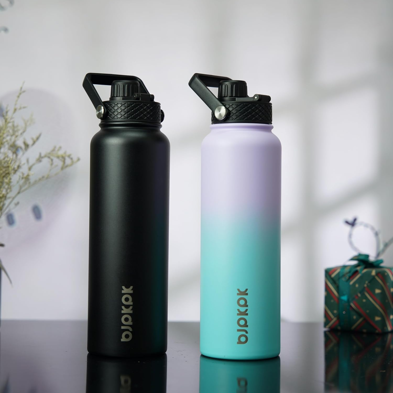 BJPKPK 2 Pack Insulated Water Bottles with Straw Lids, 40oz Stainless Steel Metal Water Bottle with 6 Lids, Leak Proof BPA Free Jugs, Cups, Flasks for Travel, Sports (Lavender Green+Black)