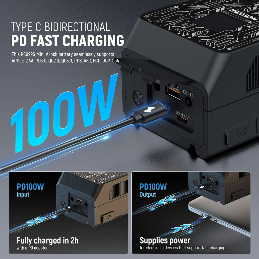 NEEWER Smart Mini V Mount Battery NEEWER APP Control, 6800mAh 99Wh 14.5V with 100W PD Fast Charging, OLED, Dual USB C/D Tap/BP/USB A/Dual DC Ports, Compatible with BMPCC 4k 6k Camcorder Camera, PS099S