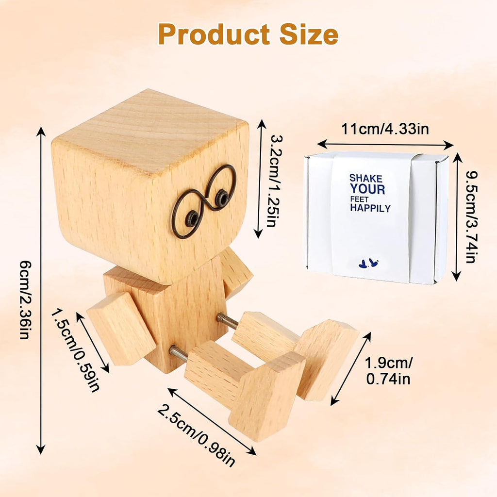 Shaking Wooden Man Figurine for Car Dashboard, Handmade Shaking Feet Wooden Man with 12PCS Magnetic Expressions, Creative Wood Desktop Decor Gifts