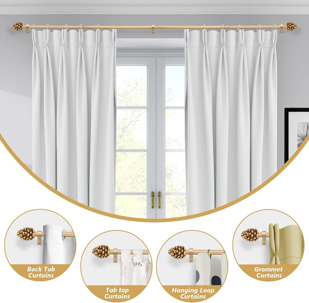Gold Curtain Rods for Windows 66 to 120 Inches, 1 Inch Diameter Heavy Duty Single Curtain Rod, Adjustable Window Curtain Rod Drapery Rod with Decorative Finials