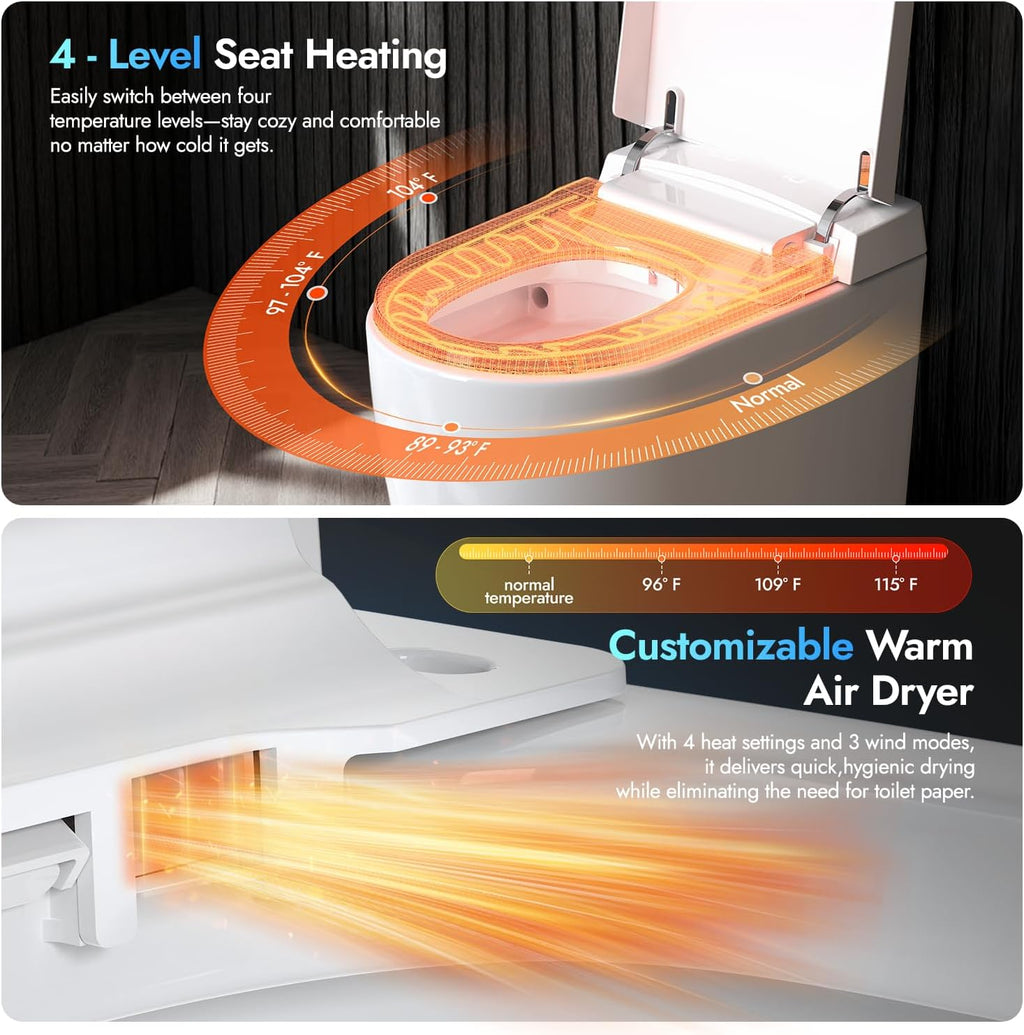 WANSID Compact Smart Toilet With Bidet, Heated Seat, Auto Open/Close Lid, Blackout Flush, Warm Water & Air Dry Function, One-piece Toilet with Tankless Design, Space-Saving, Night Light