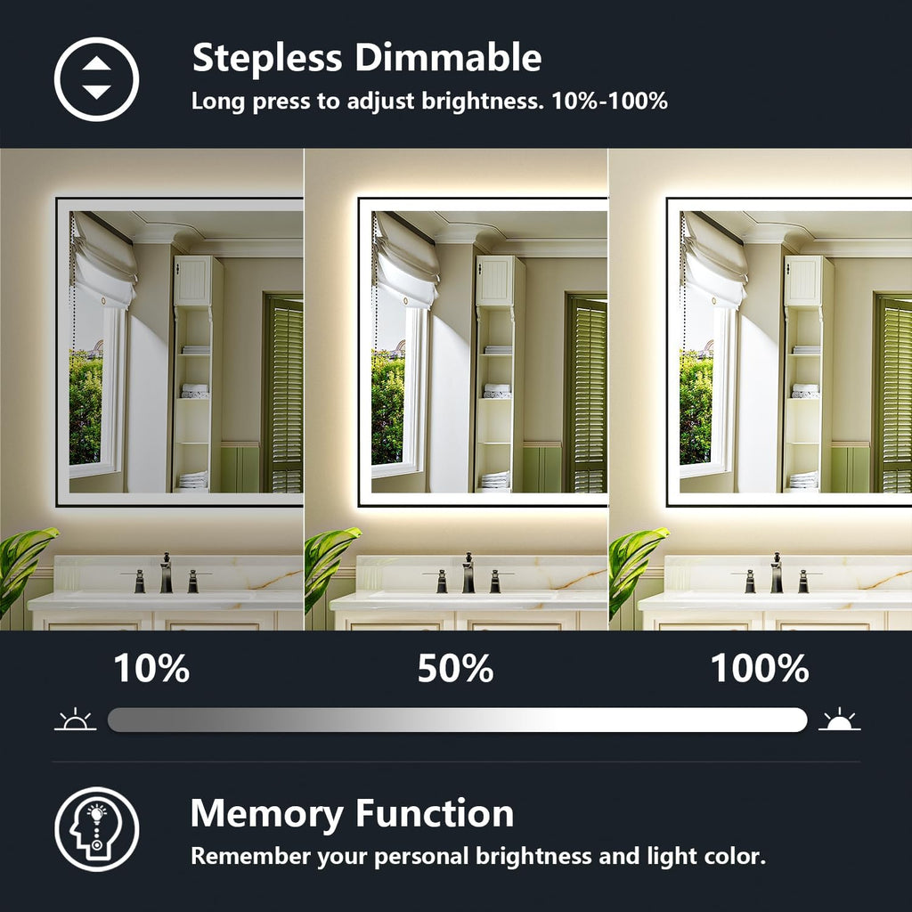72x36 Inch LED Bathroom Mirror with Lights (Front Lit and Backlit) Black Framed Lighted Vanity Mirror for Bathroom Wall Dimmable Anti-Fog Memory Tempered Glass Horizontal/Vertical