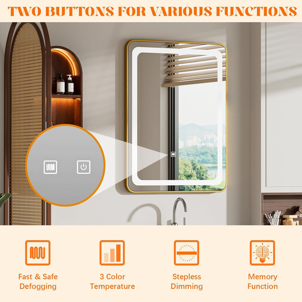 LED Bathroom Mirrors with Lights,24" x 36" Gold Square LED Mirror for Bathroom,Fogless,3 Colors Dimmable, Touch Sensor