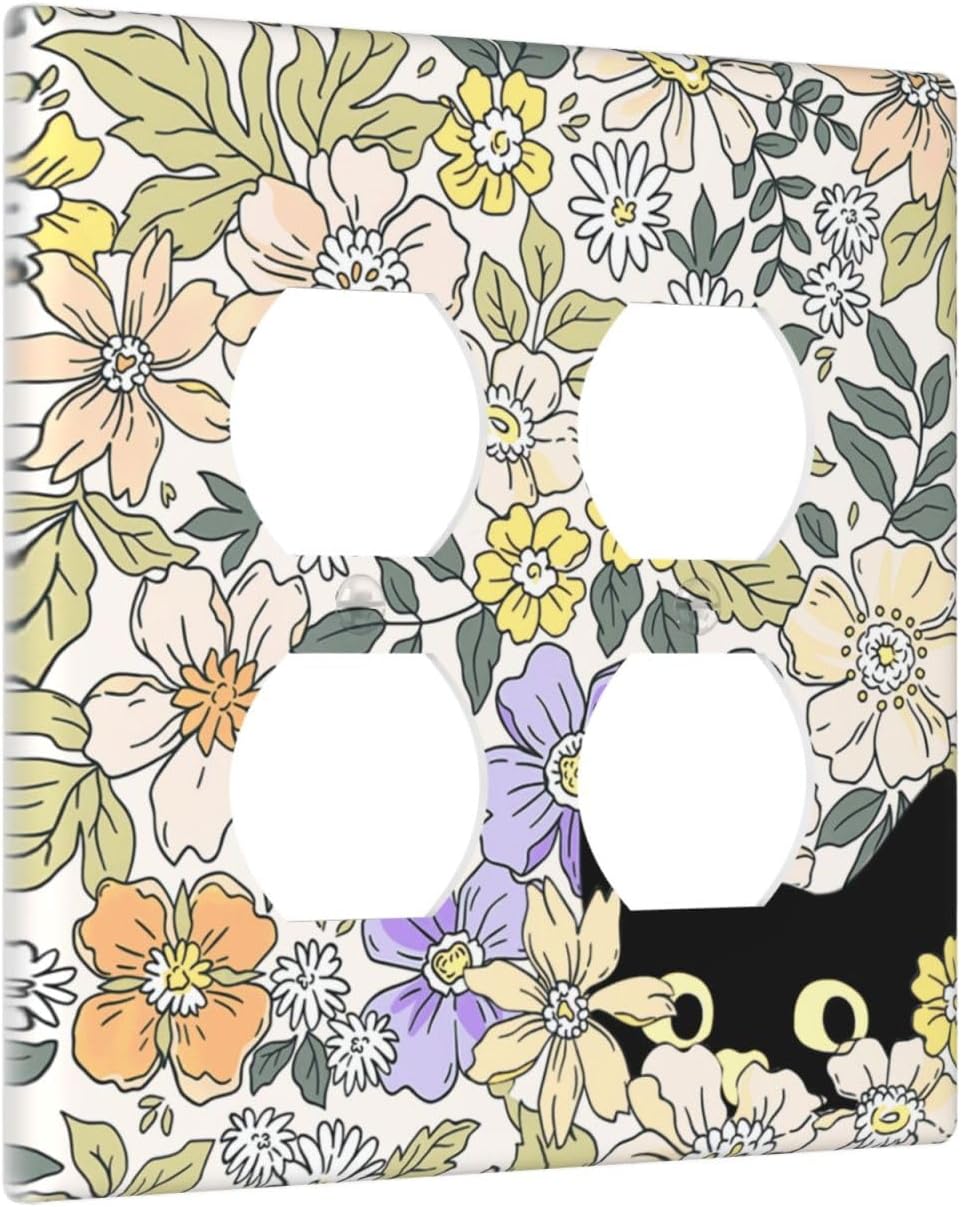 Decorative Outlet Covers Cute Black Cat in a Flower Patch Botanical Garden 2 Gang Wall Plate Double Duplex Receptacle Light Switch Covers Switch Plate Cover for Bedroom Home Decor
