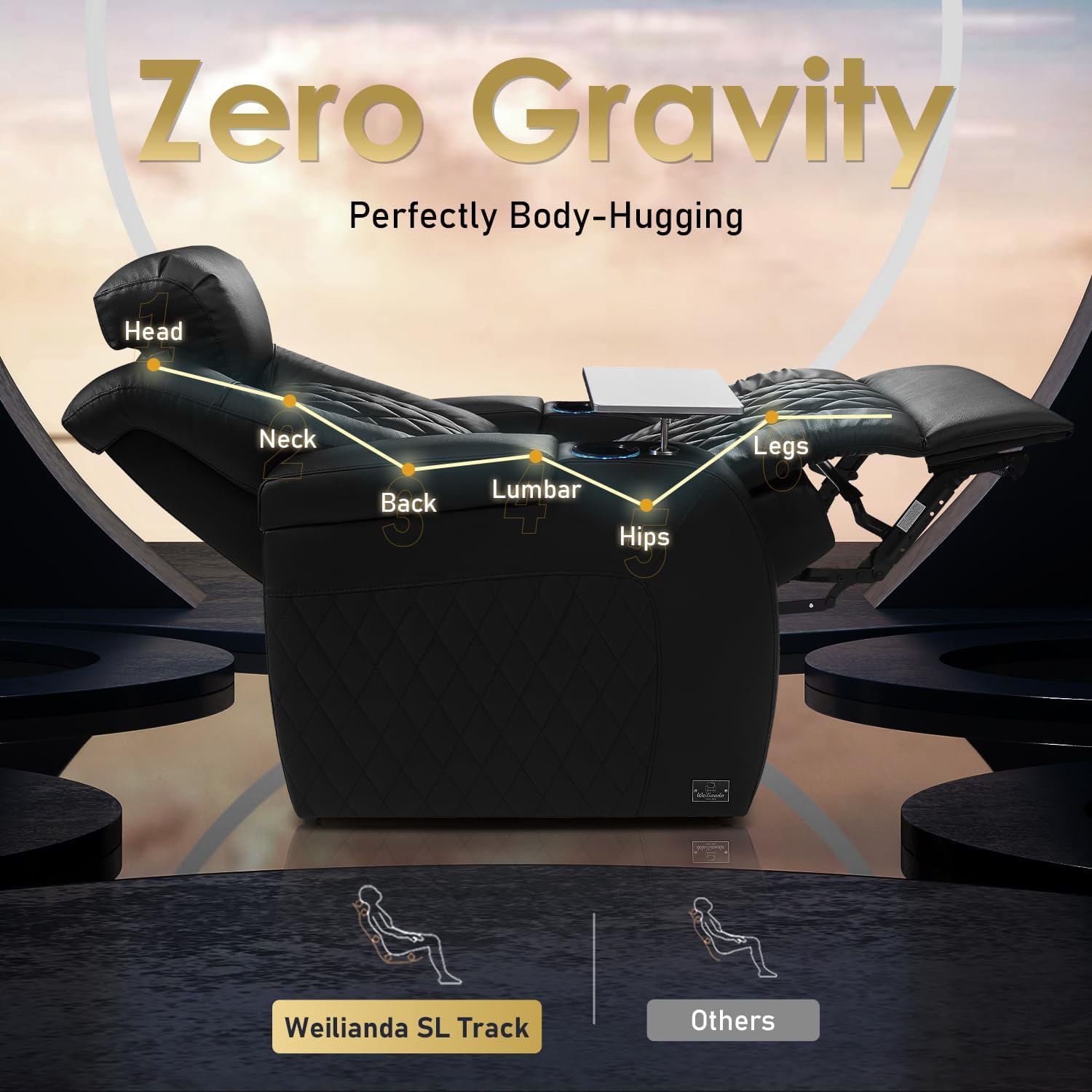 Weilianda Home Theater Seating Top Grain Leather Zero Gravity Recliner Chair Power Headrest Recline Movie Seat Gaming 7 Colors Mood Light Sofa with Tray Table USB Charge Row of 6 Black