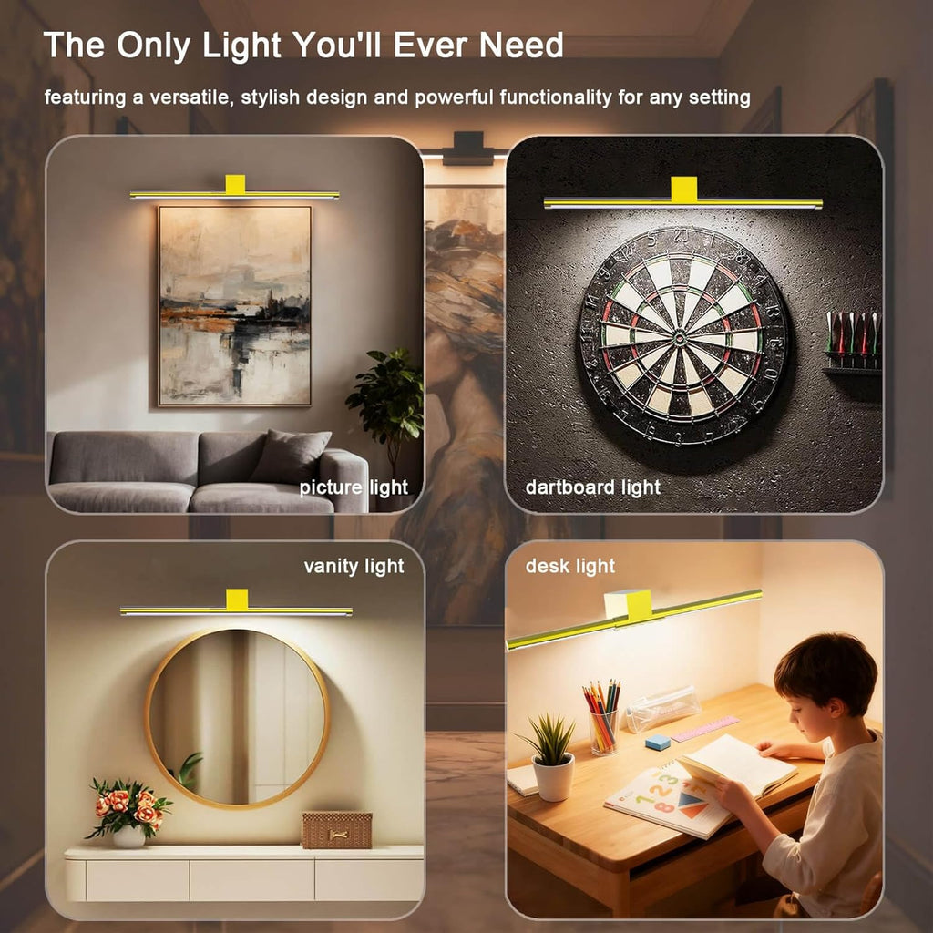 Picture Lights for Wall Battery Operated, Rechargeable Wireless Lights for Pictures on Wall with 3 Color Dimmable Remote for Painting Gallery Dartboard Poster Bedroom Frame Art Decor - Gold 16 inch