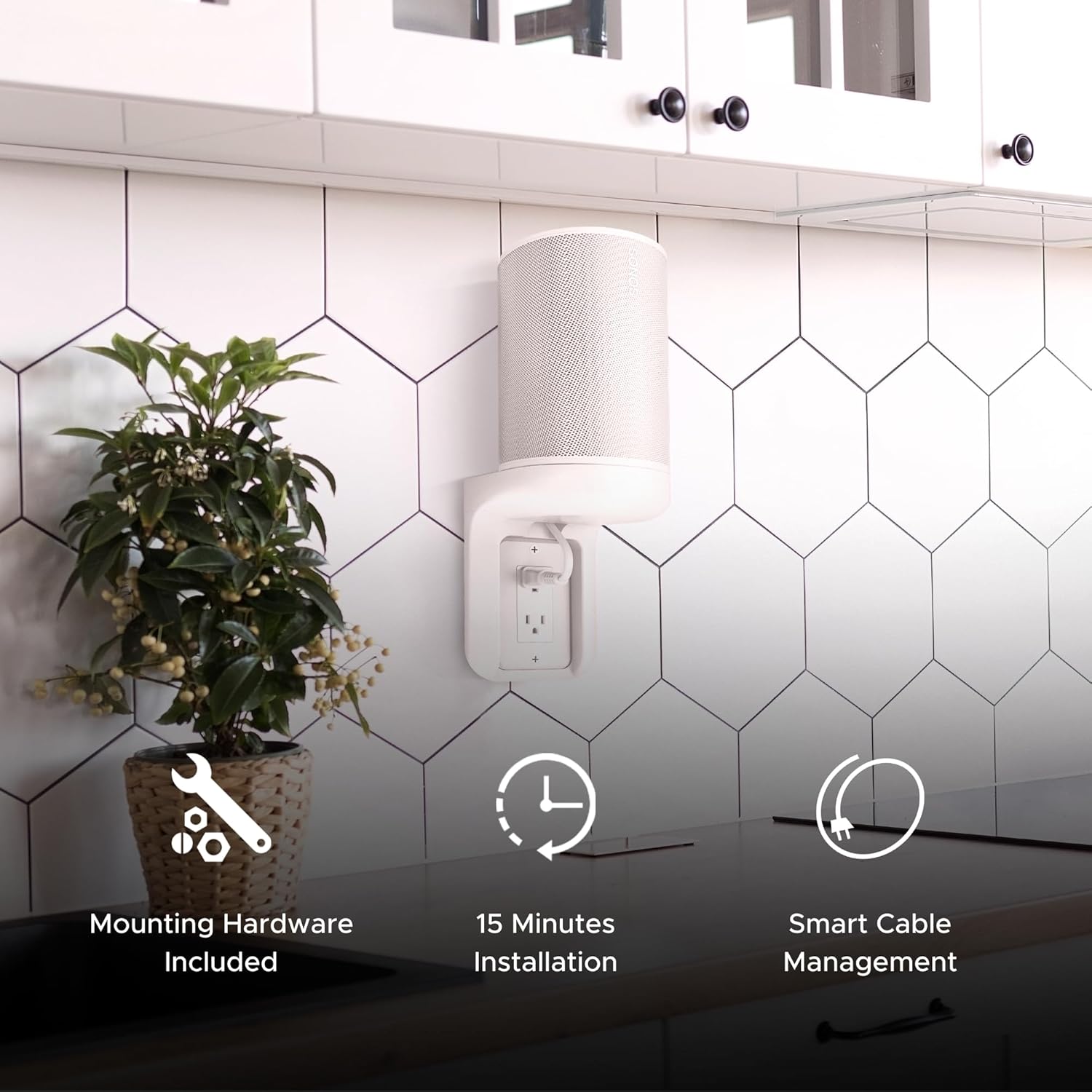 Sound Bass ERA100 Shelf Wall Outlet AC, White, Home, Compatible with Sonos ERA 100, Plug Mount Organizer, Bathroom, Kitchen, Bedrooms, Cord Management, Easy Installation, Mounting Kit Included