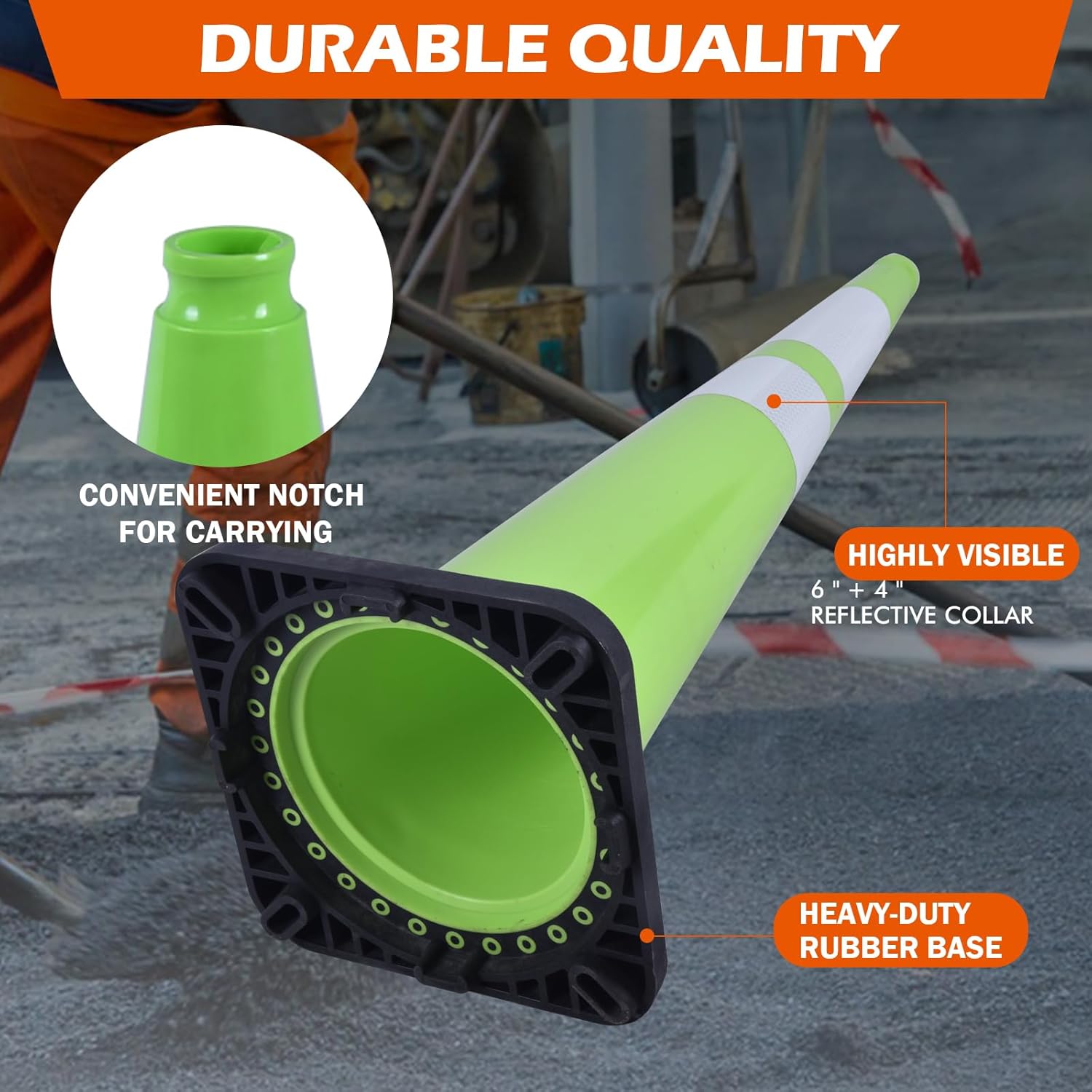 6 Pack 36 Inch Green PVC Traffic Cones with Black Base, Stable Large Size Safety Cones for Highway, Construction, and Outdoor Use (6, Green, 36 Inch)