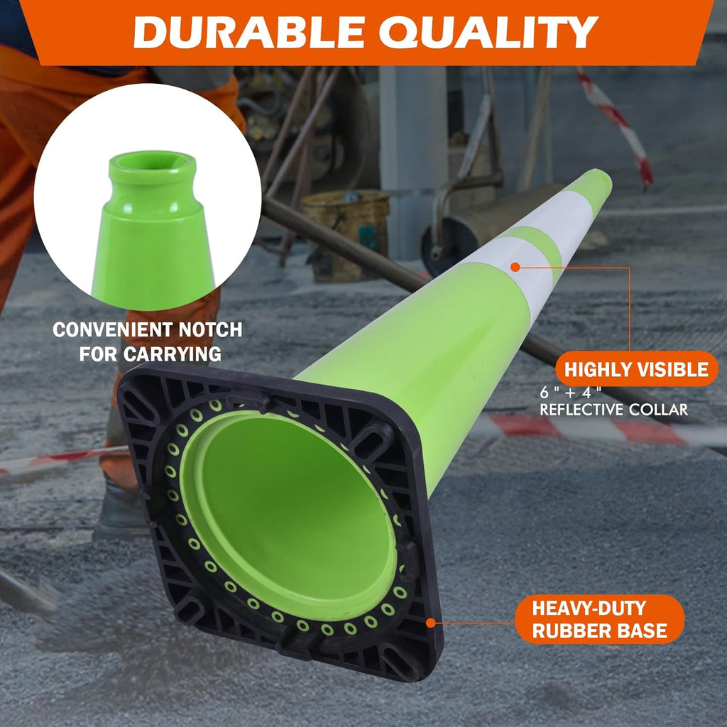 8 Pack 36 Inch Green Reflective Safety Cones, Tall Black Base Traffic Cones for Road Work, Parking Guidance and Athletic Field Marking (8, Green, 36 Inch)