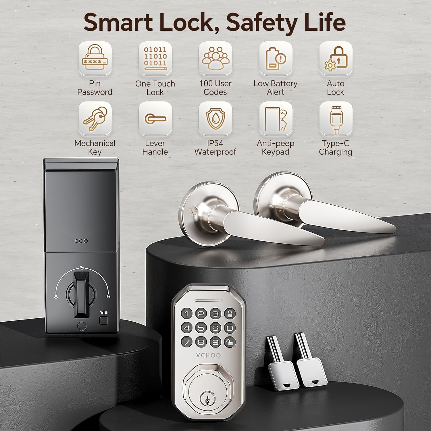 Keyless Entry Door Lock Set Smart Locks for Front Keypad Door Lock with Handle Low Battery Warning Automatic Lock One Time Password Anti Peeping Password IP54, Satin Nickel
