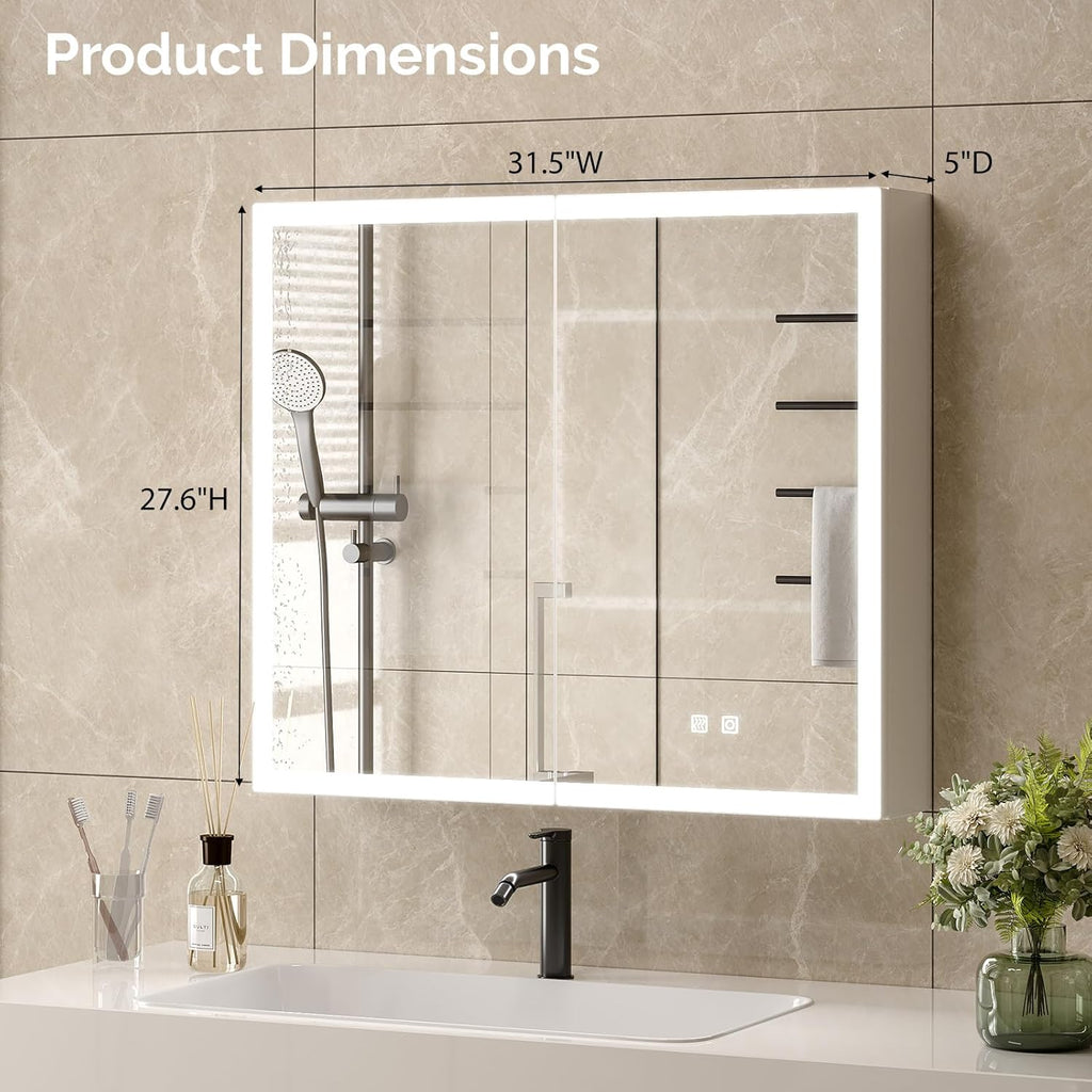 VINGLI Lighted Medicine Cabinet with Mirror Bathroom Mirror Medicine Cabinet Wall Mounted with Storage LED Lights Charging Station Defogger Modern Bathroom Mirrors for over Sink with Storage (32"*28")