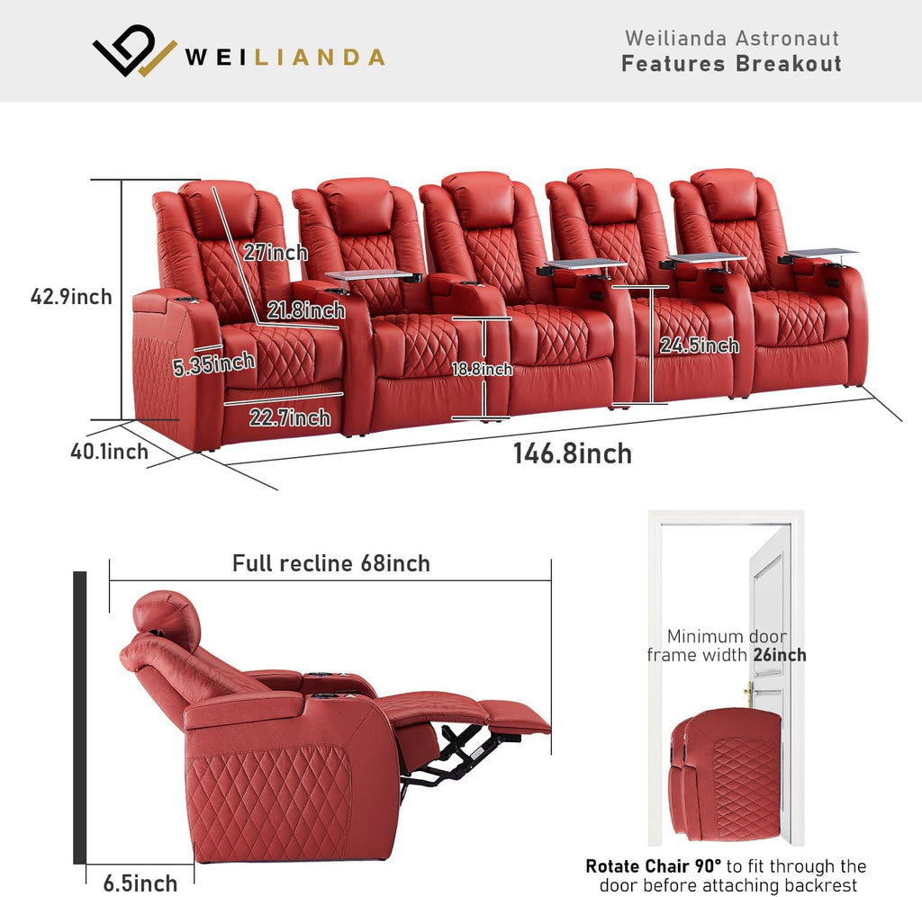 Weilianda Home Theater Seating Top Grain Leather Zero Gravity Recliner Chair Power Headrest Recline Movie Seat Gaming 7 Colors Mood Light Sofa with Tray Table USB Charge Row of 5 Red
