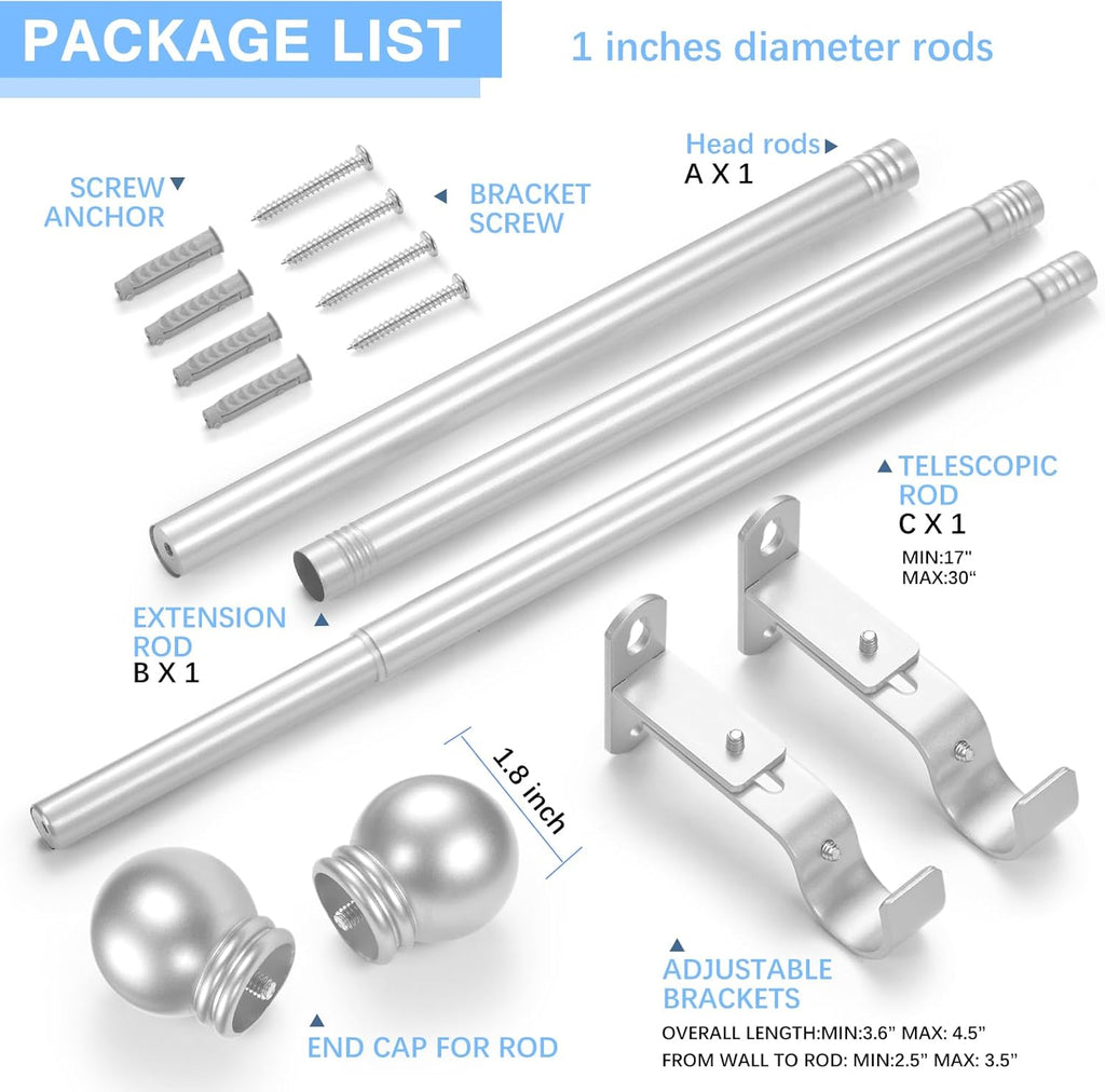 Curtain Rods for Windows 16 to 48 Inches, Curtain Rod Max Adjustable Length of 60 IN, 1" Diameter Drapery Rods Round Finials, Satin Silver, Pack of 1