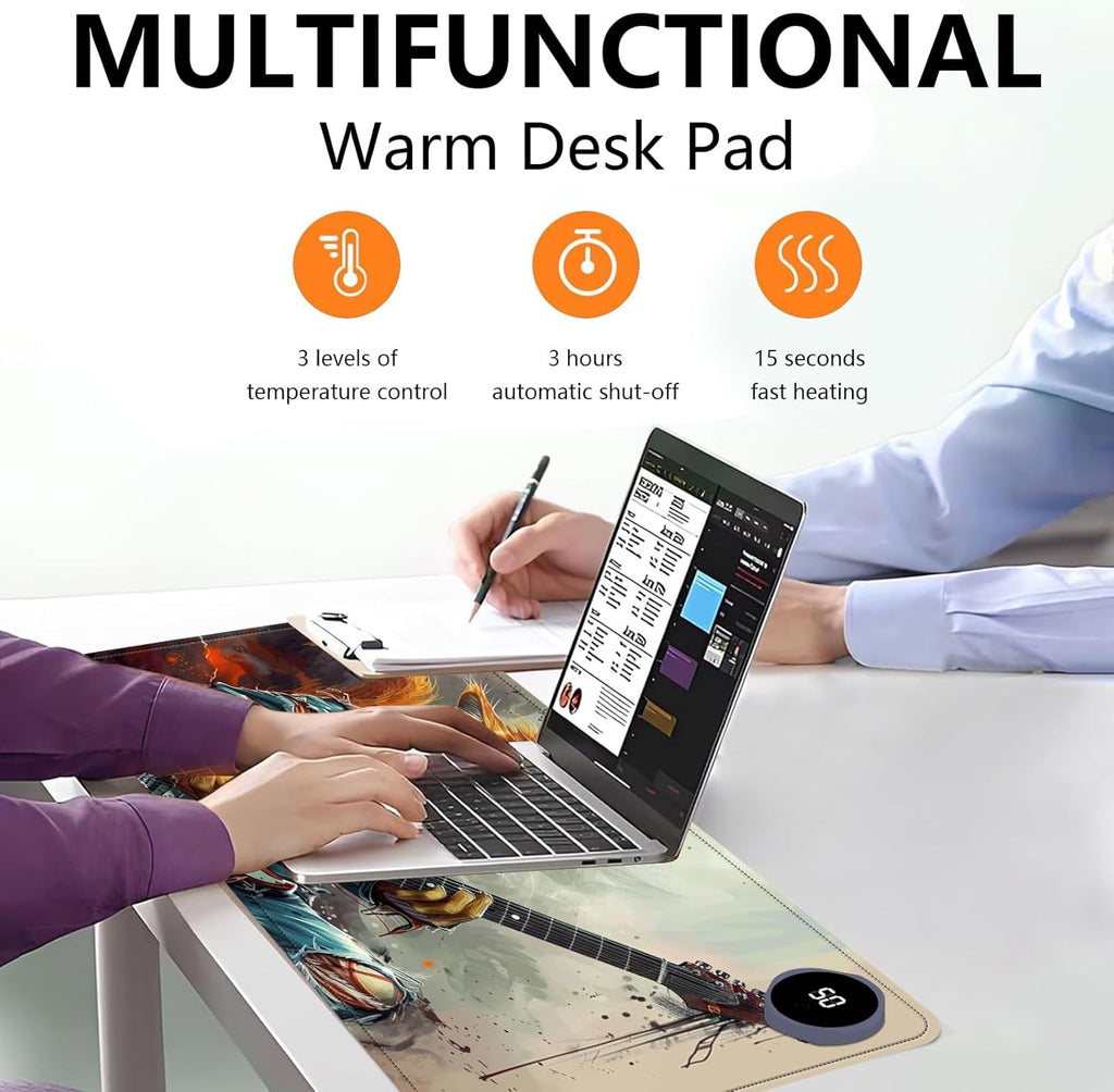 Heated Mouse Pad with 3 Levels Heated & 3 Hours Auto Shut-Off Mouse Pad for Warming Hands in Office Home, 31.5" x 13"Large Safe Desk Mat Hand Warmer，Cat Playing Guitar