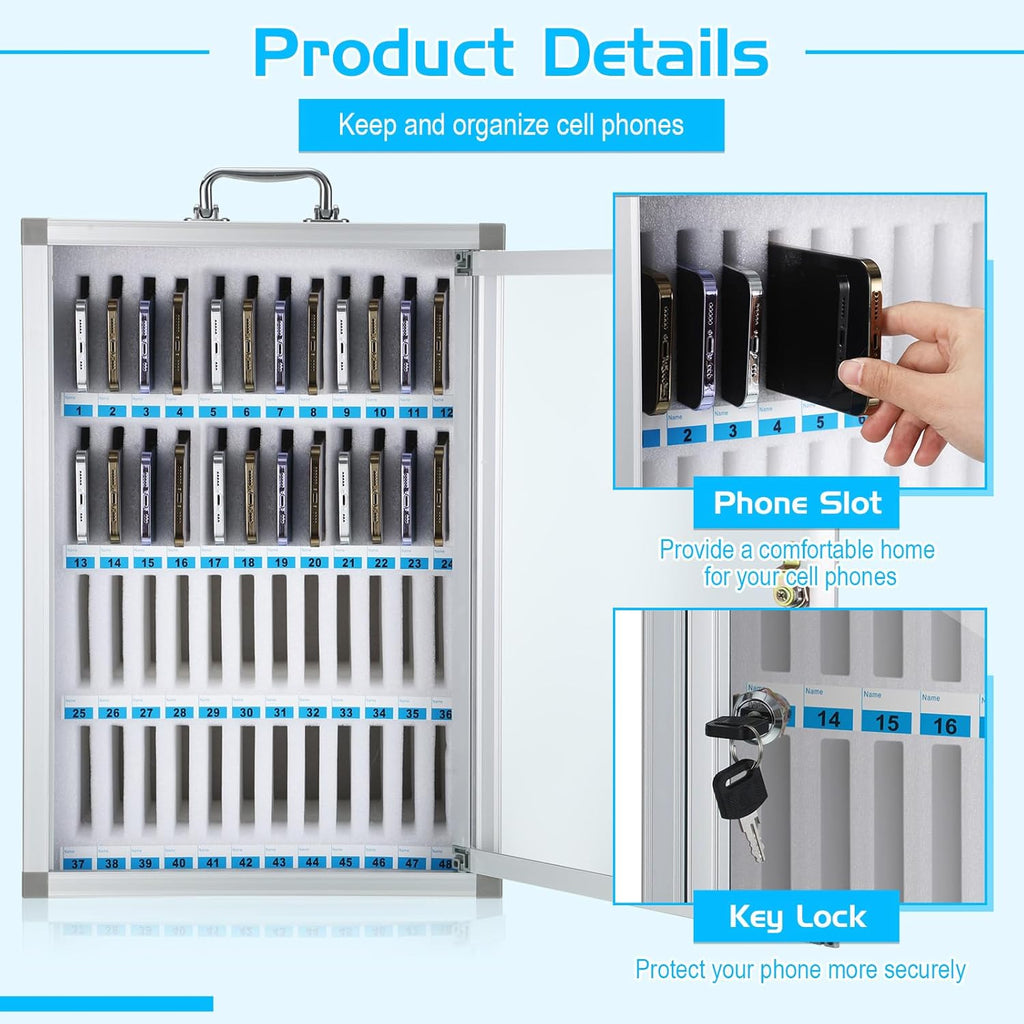 Amylove 48 Slots Cell Phone Locker Cabinet Aluminum Alloy Pocket Chart Storage Locker Box Cabinet Wall-Mounted Cell Phones Storage Box with Handle for Office Classroom Gym (White)