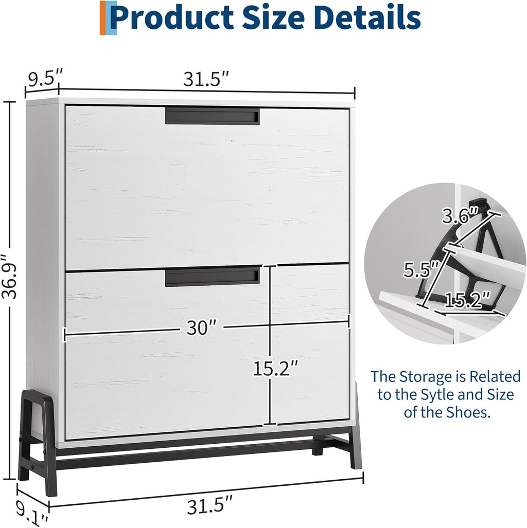 CABIHOME Shoe Storage Cabinet with 2 Flip Drawers, Freestanding Shoe Organizer with Metal Legs, Adjustable Shelf Narrow Shoe Rack Cabinet for Entryway, Hallway, Living Room, White
