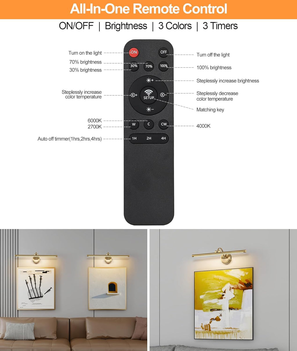 Picture Light for Wall, Dimmable Battery Operated Art Light, Picture Frame Light with Remote & Timer, Cordless Wall Sconce with 3 Colors Temperature for Pantings, Photo Gallery(Brass, 23.6inch)