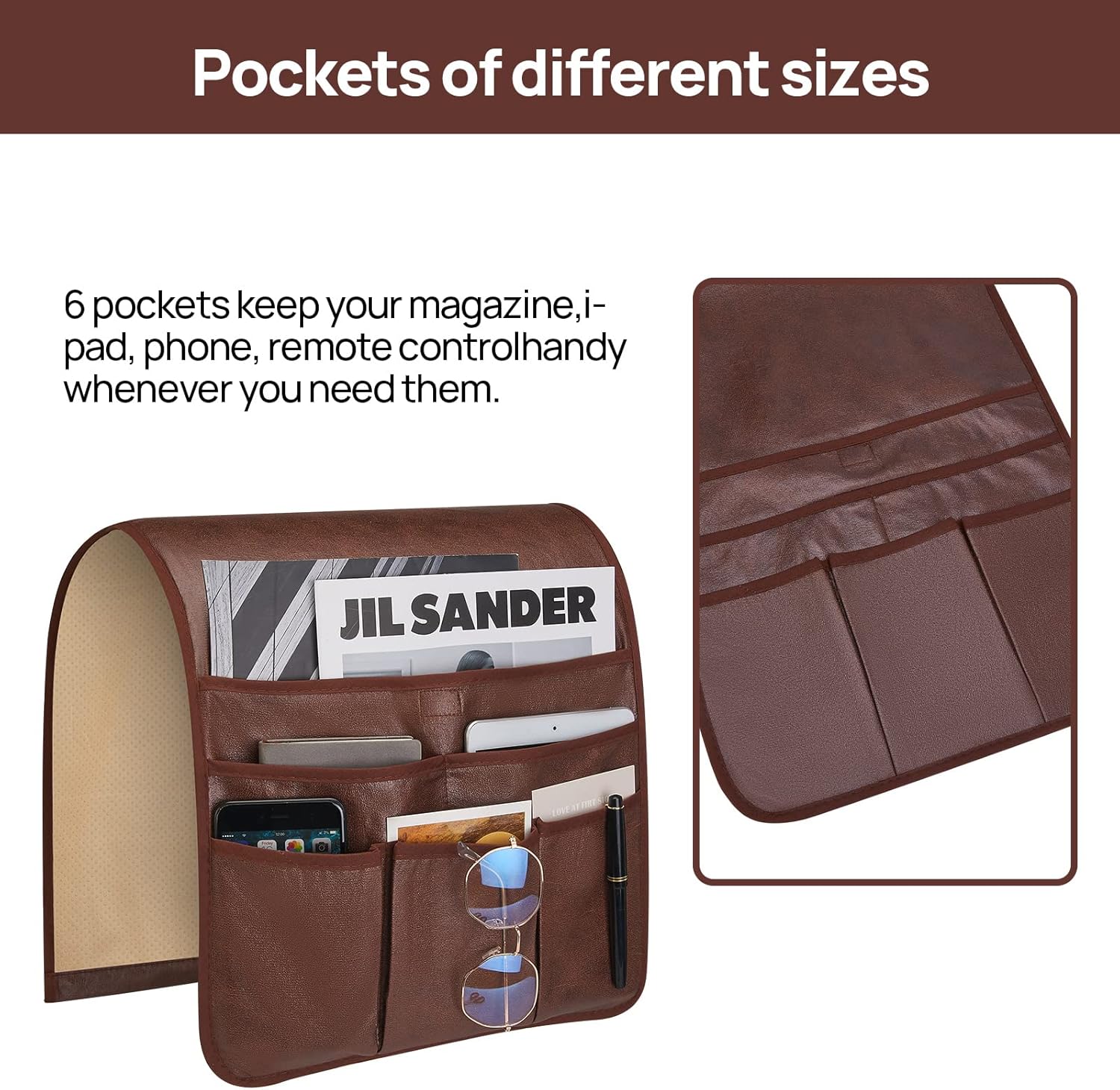 Teniux Remote Control Holder Faux Leather Armrest Organizer with 6 Pockets for Recliner Couch Sofa, Armchair Caddy for Smart Phone, Book, Magazines, Ipad, Remotes (Brown)