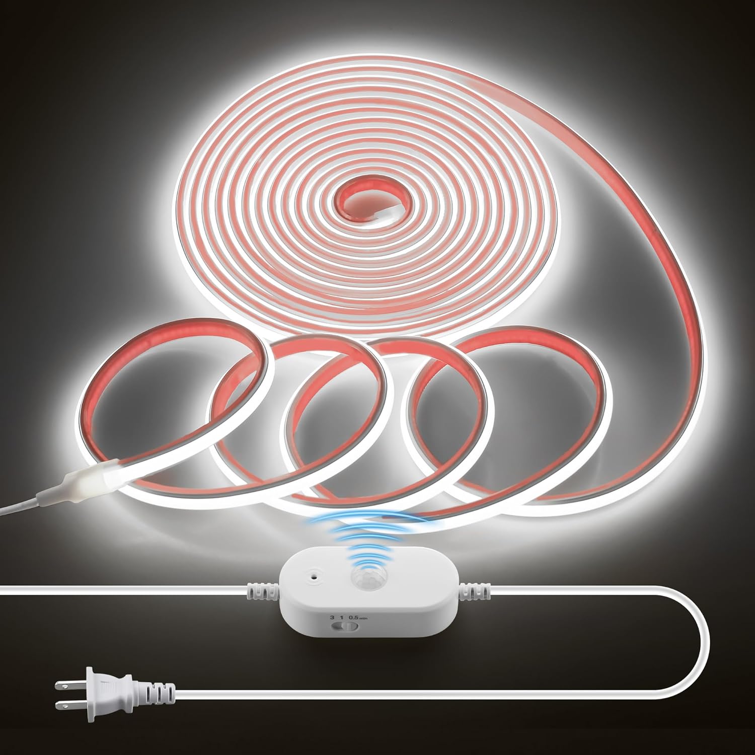 Waterproof Motion Sensor COB LED Light Strip 20FT Cold White 6000K AC 110V 288LEDs/M Super Bright Time-Delay Adjustable Flexible Plug In Motion Activated Led Strip Light for Cabinet Under Bedroom