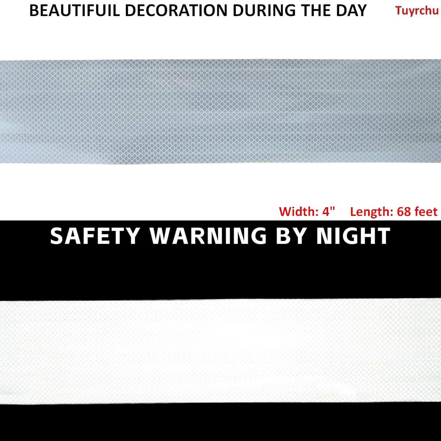 Non Fading White Reflective Tape Outdoor Waterproof 4 inch, High Visibility Warning Industrial Marking Tape, Safety Stickers (68 feet)