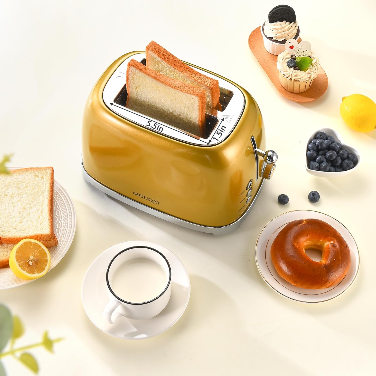 Gold Toaster 2 Slice, Wide Slot Stainless Steel, Mouqat – Best Gift, 6 Shade Settings, Bagel/Cancel/Defrost Functions, Removable Crumb Tray, Different Toast Sizes, Kitchen Essential, Cord Wrap – 825W