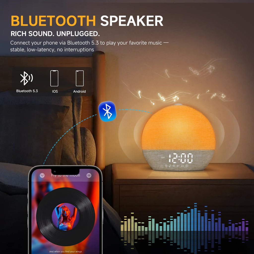 Sunrise Alarm Clock White Noise Sound Machine for Bedroom | Natural Wake-Up Light with 30 Soothing Sleep Aids, Bluetooth Speaker, Dimmable Clock, Screen-Free Design for Baby Adults Kids-Khaki