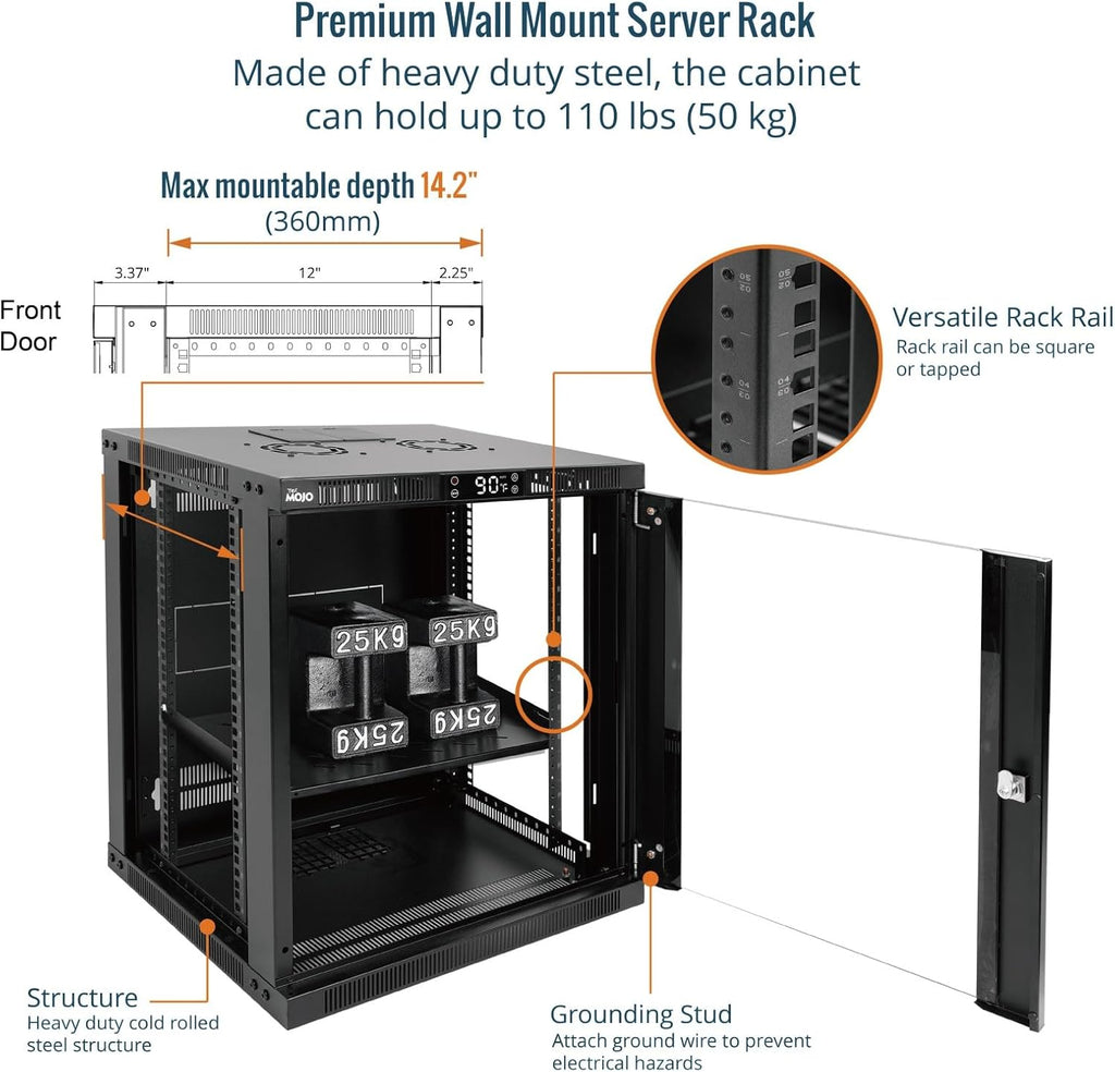 Tecmojo 12U Wall Mount Rack with Thermostat, 17.7inch Depth Enclosed Server Cabinet with 2 Cooling Fans,Lockable Door & Hardware,12U Rack for 19inch Equipments,Glass Door