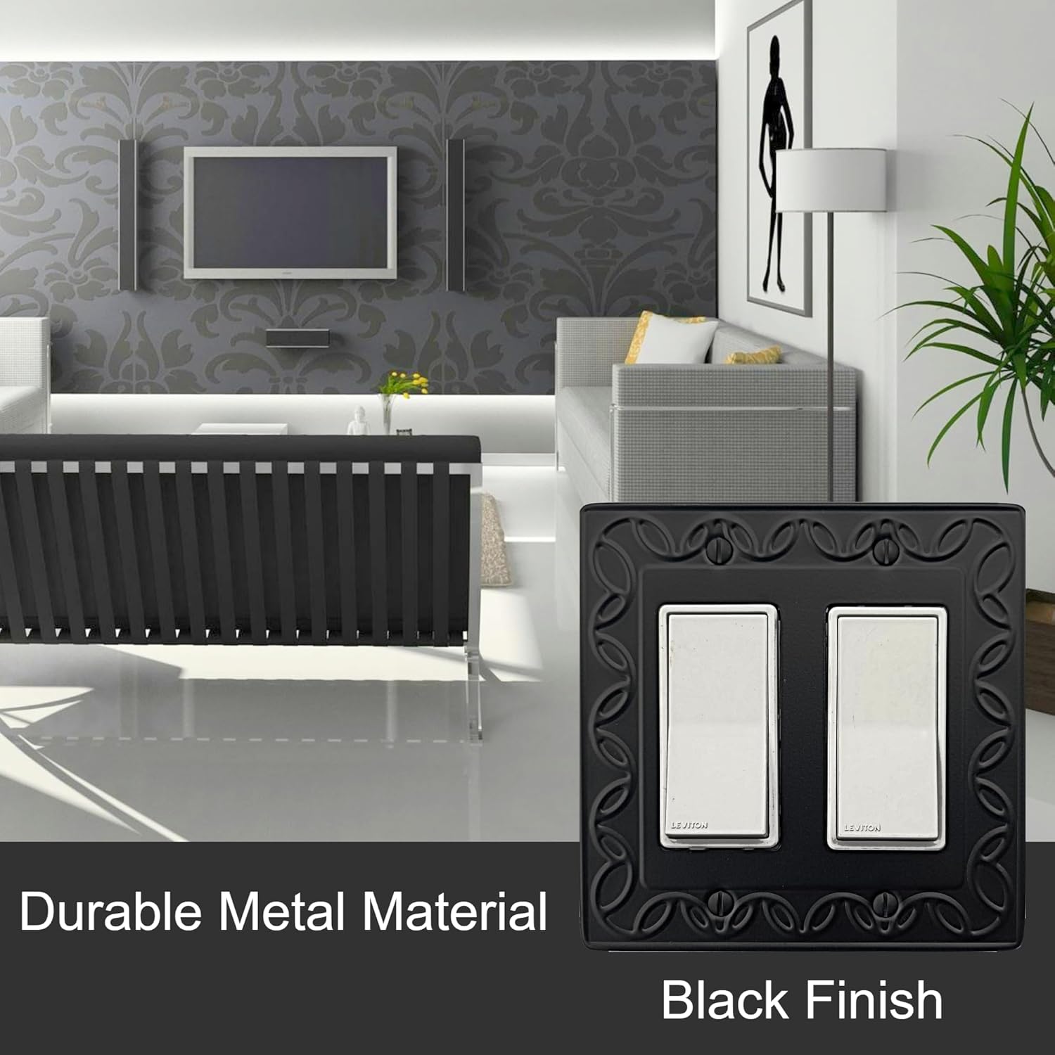 Double Decorator Light Switch Cover NovaBloom Metal Wall Plate, 2-Pack Black 2 Gang Double Rocker, for Receptacle Dimmer GFCI Outlet Switch Cover Decorative Wallplate, Durable