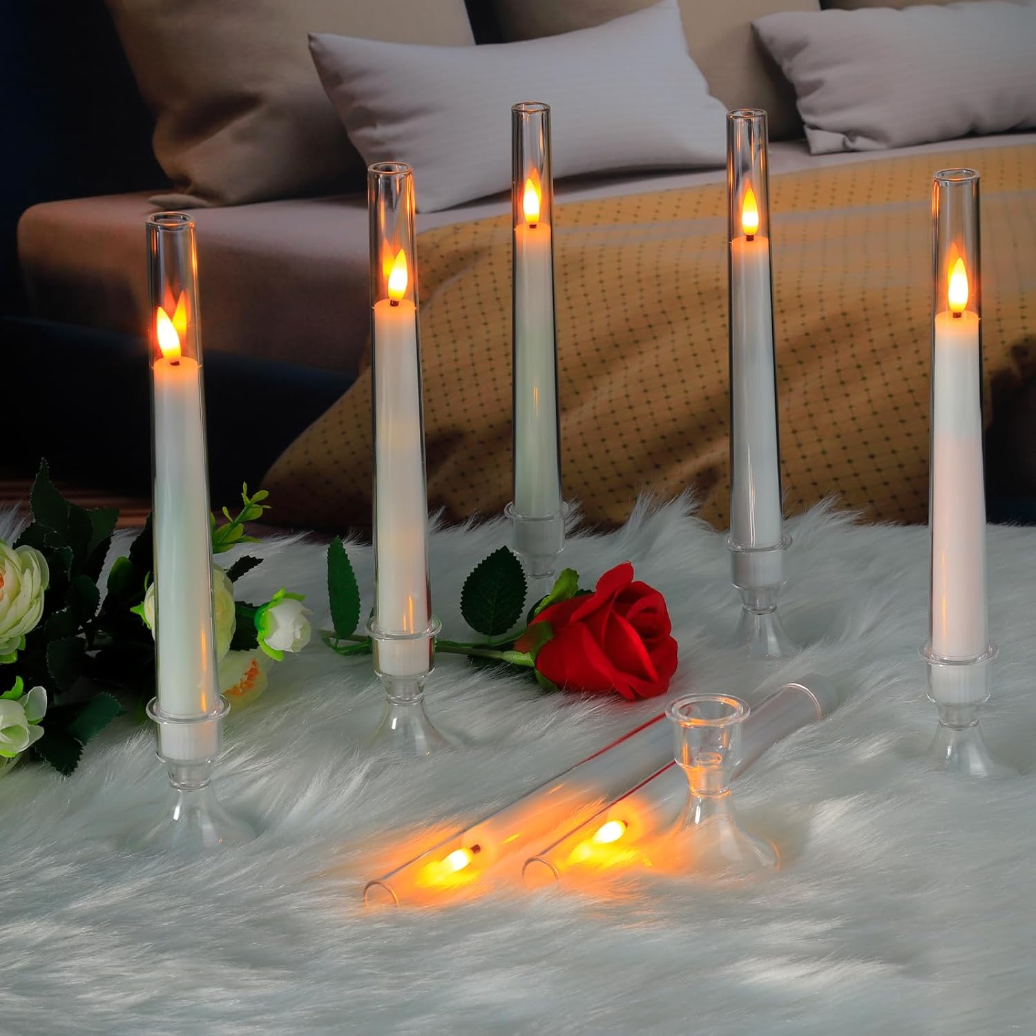 Comenzar 12PC Flameless Taper Candles - LED Candles, Flickering Design with Base, Perfect for Home, Windows，Decoration，Weddings, Parties (White)