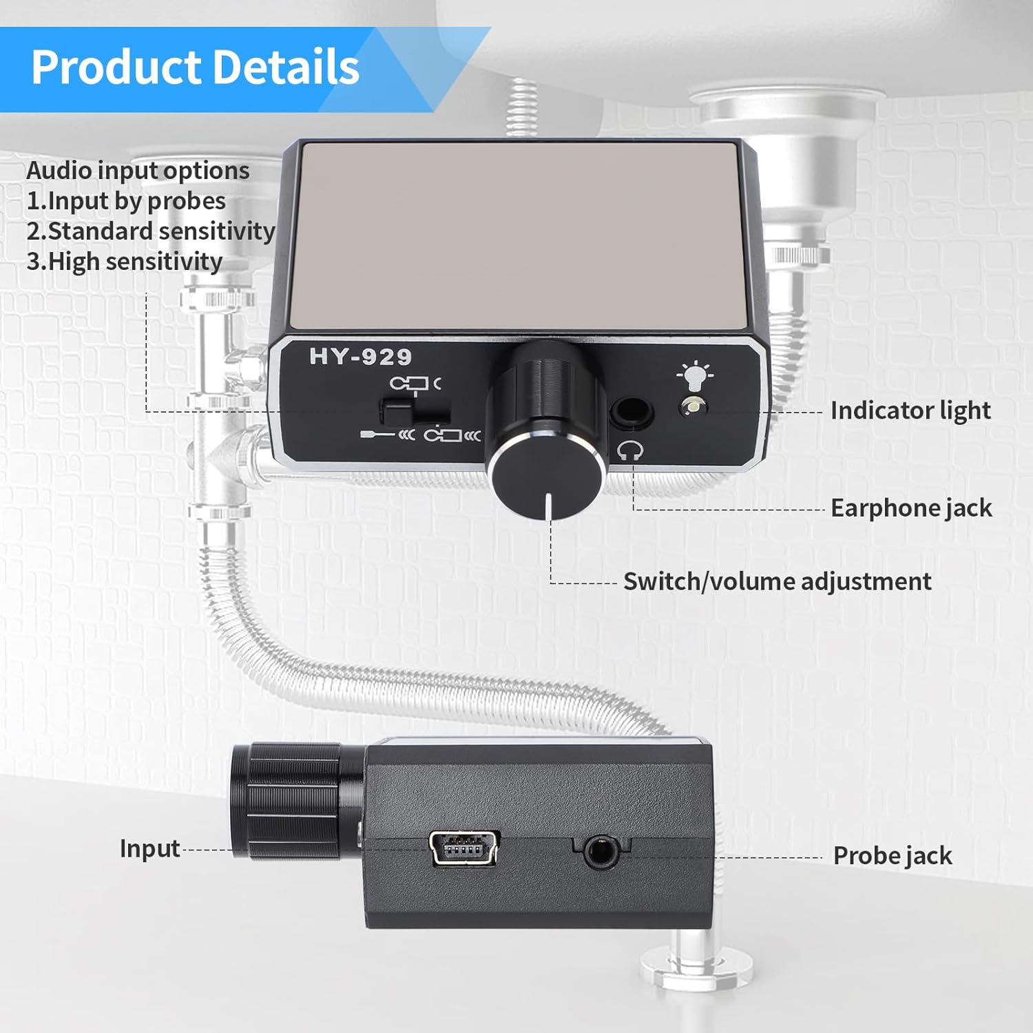 Water Leakage Detector, Underground Water Pipe Leak Detector Monitor with Intelligent High Sensitivity for Site Construction, Car Maintenance and Pipeline Locator