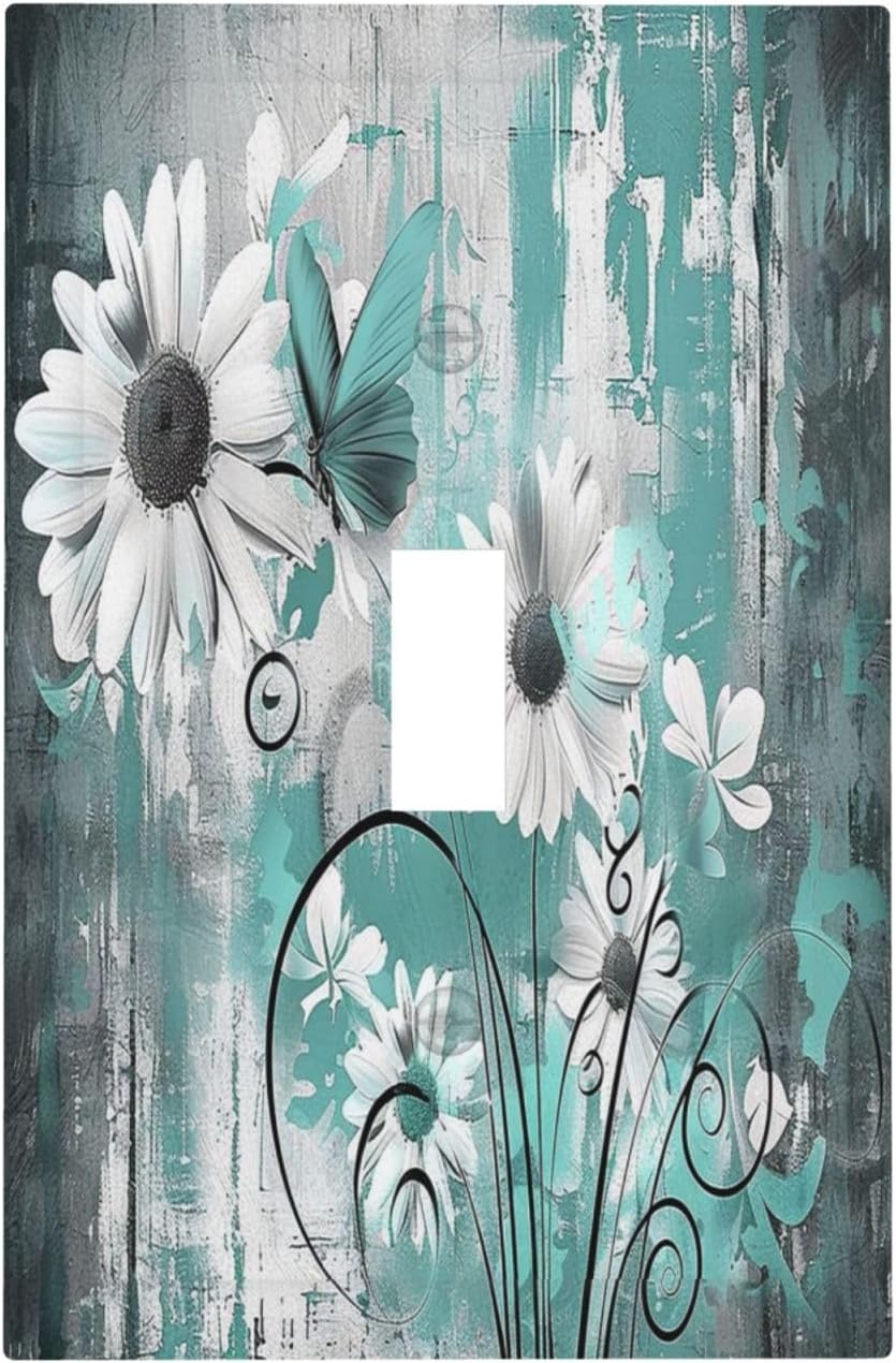Decorative Light Switch Cover Teal Daisy Floral Vintage Wood Plank 1 Gang Single Toggle Device Electrical Faceplate Switchplates Decorator Outlet Wall Plate For Farmhouse Cabin Decor