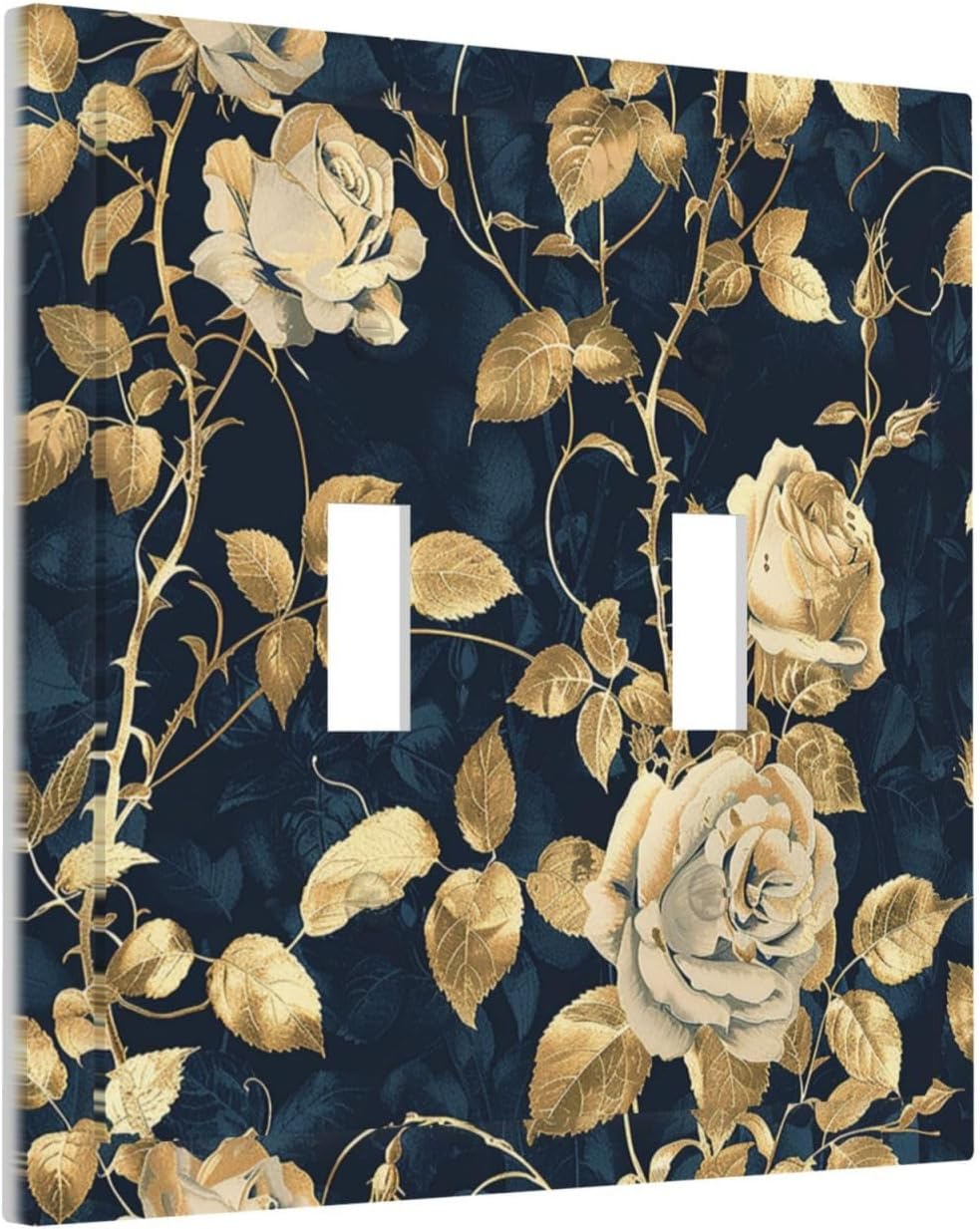 Decorative Switch Plates Boho Vintage Floral Golden Flower Dark Blue Background 2 Gang Double Toggle Outlet Light Switch Cover Wall Plate Electrical Faceplate for Bedroom living Room Decor