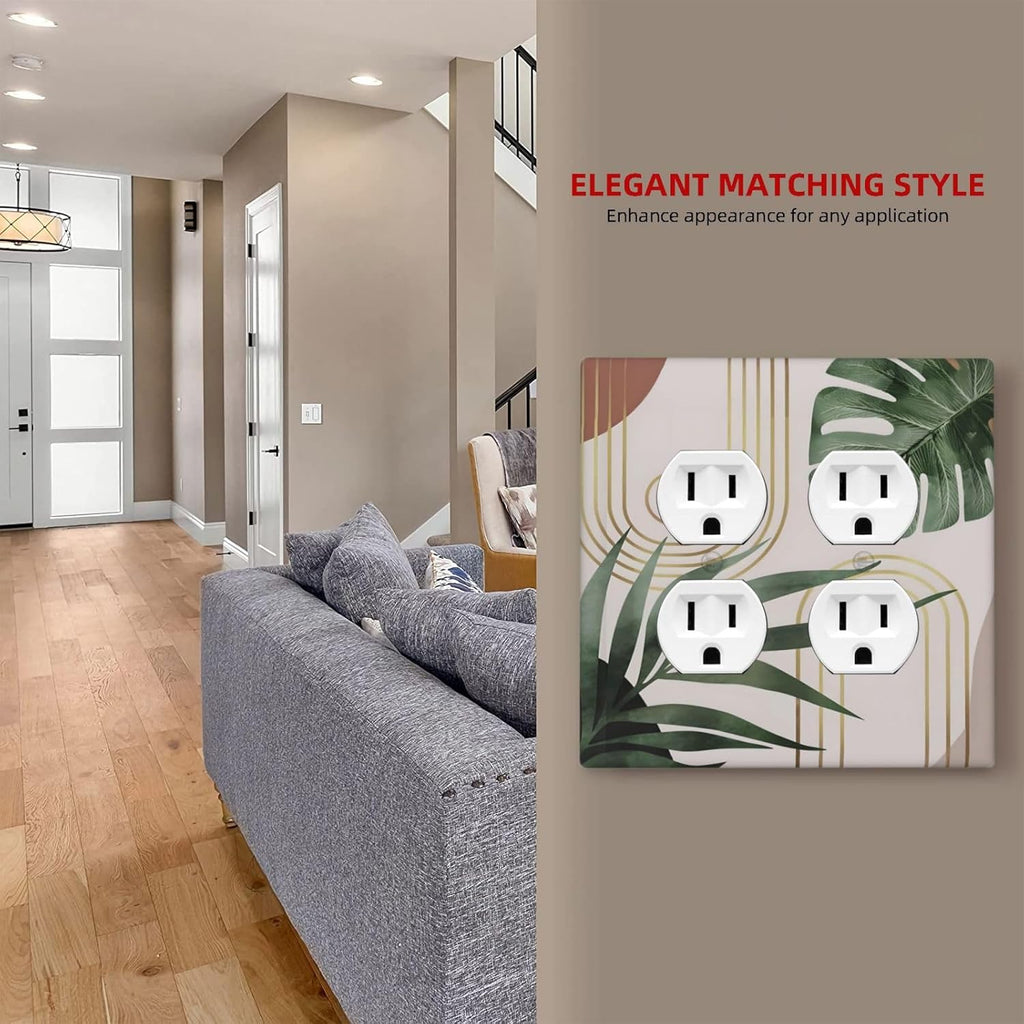 Decorative Outlet Covers Boho Mid Century Abstract Arch Green Leaves 2 Gang Wall Plate Double Duplex Light Switch Cover Switch Plate Covers for Bedroom Home Decor