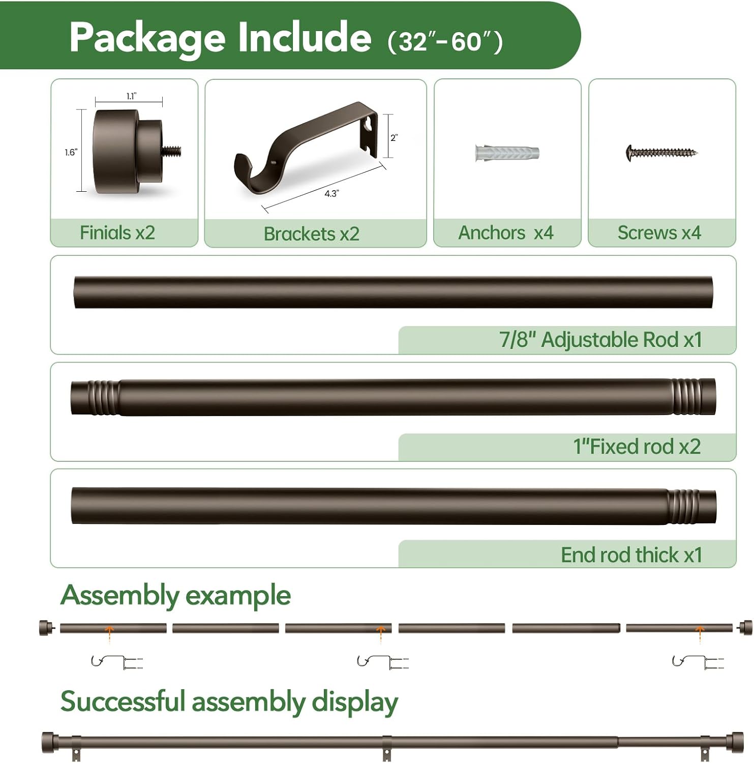 Curtain Rods for Windows 28 to 48, 1 Inch Adjustable Heavy Duty Long Window Outdoor Curtain Rod for Patio, Drapery Rods with Simple End Caps, Size 32"-60", Antique Bronze