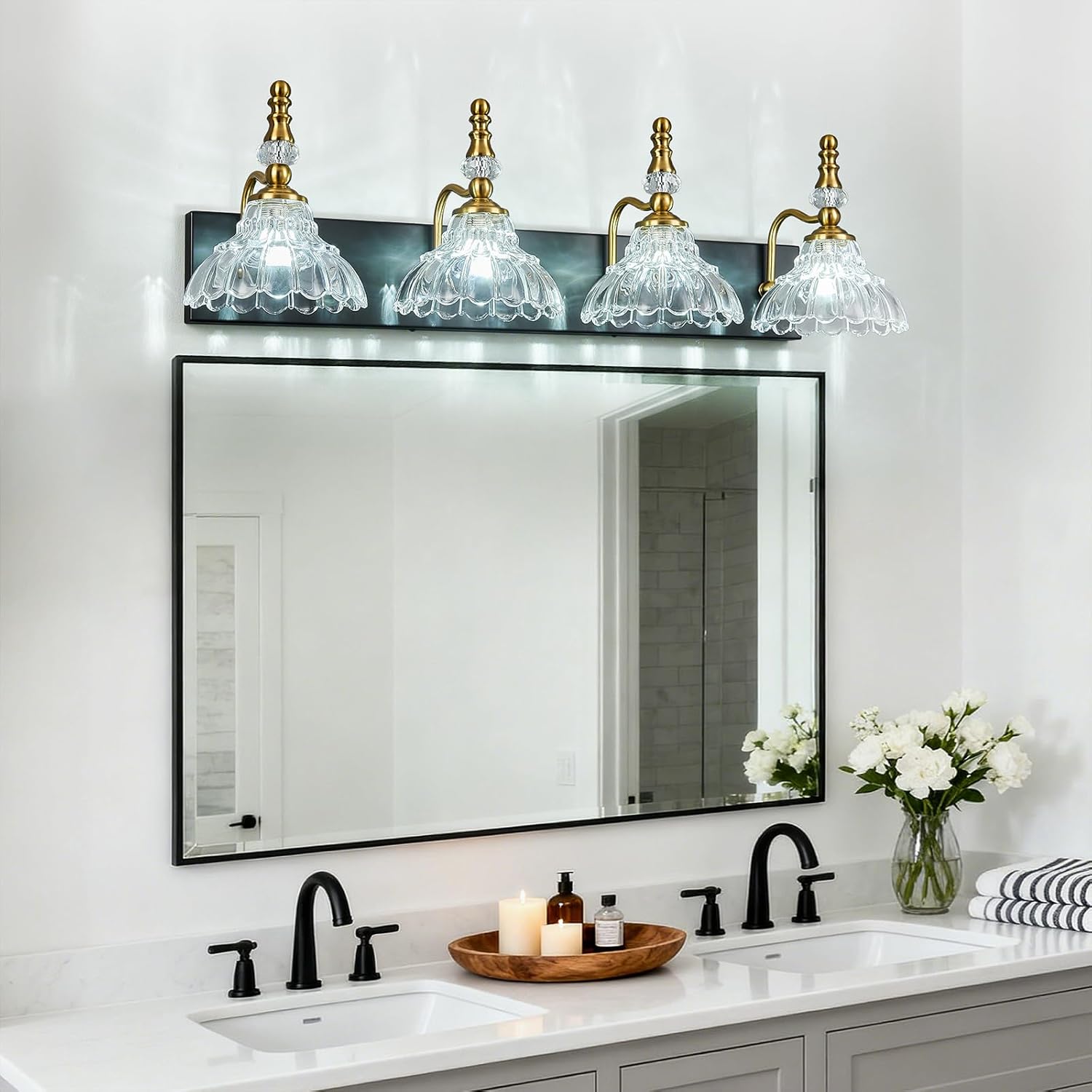 Vintage Bathroom Vanity Light, 4-Light Black Gold Vanity Lighting Fixture with Flower Glass Shade, Bathroom Lighting Fixtures Over Mirror