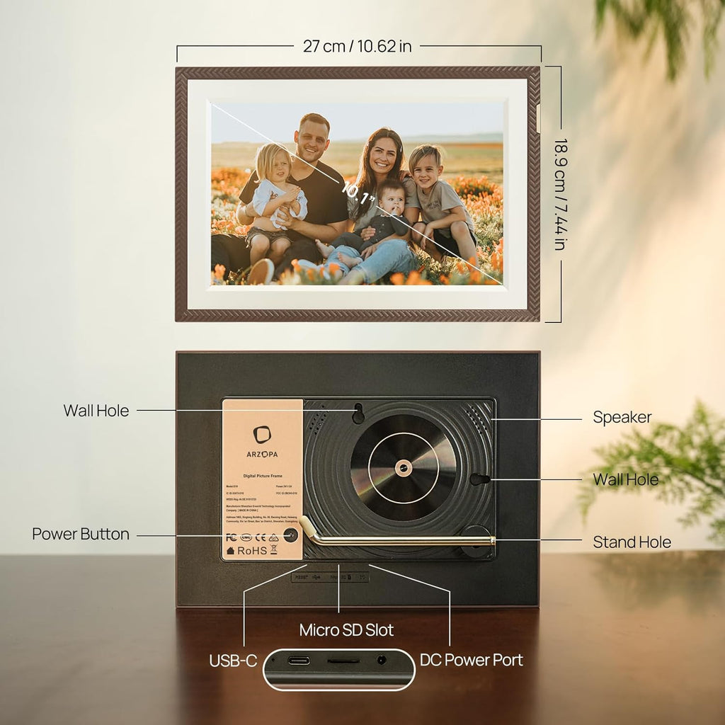 ARZOPA 10.1" WiFi Digital Picture Frame 32GB HD IPS Anti-Glare Touch Screen Digital Photo Frame, Wall Mountable, Auto-Rotate, Easy Sharing Photos Videos &Custom Gifting via Free ARZOPA APP - D10 Brown
