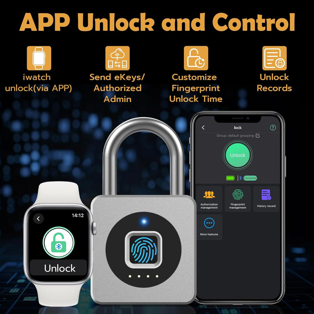 Pothunder Fingerprint Padlock, Fingerprint Lock with APP, Padlock with Steel Cable Keyless Biometric, Waterproof Suitable for Gym, Locker, Helmet, Gate, Fence, Luggage