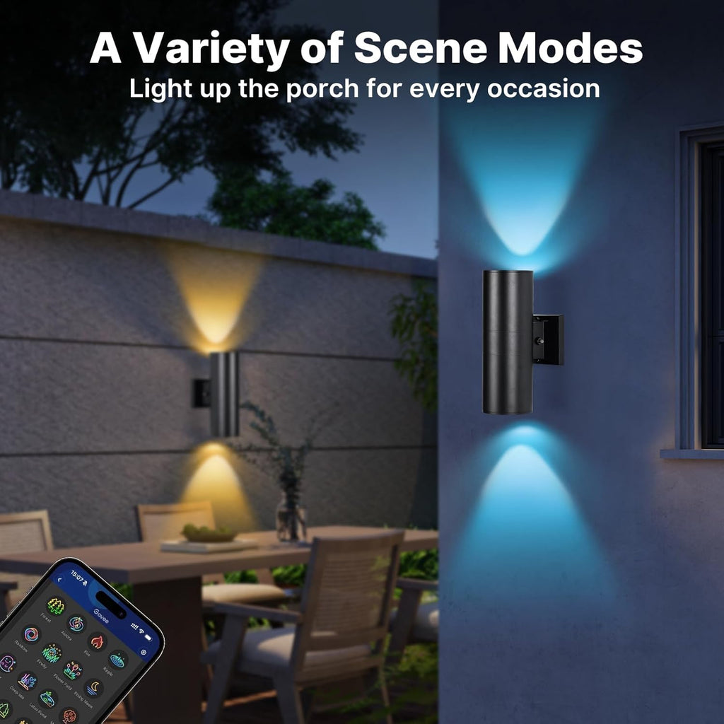 RGBCW Outdoor Wall Light 1 Pack, Smart Porch Light Dusk to Dawn Lighting with Remote Control, WiFi Outdoor Wall Sconce, Compatible with Alexa, Exterior Lights for House Porch Garage